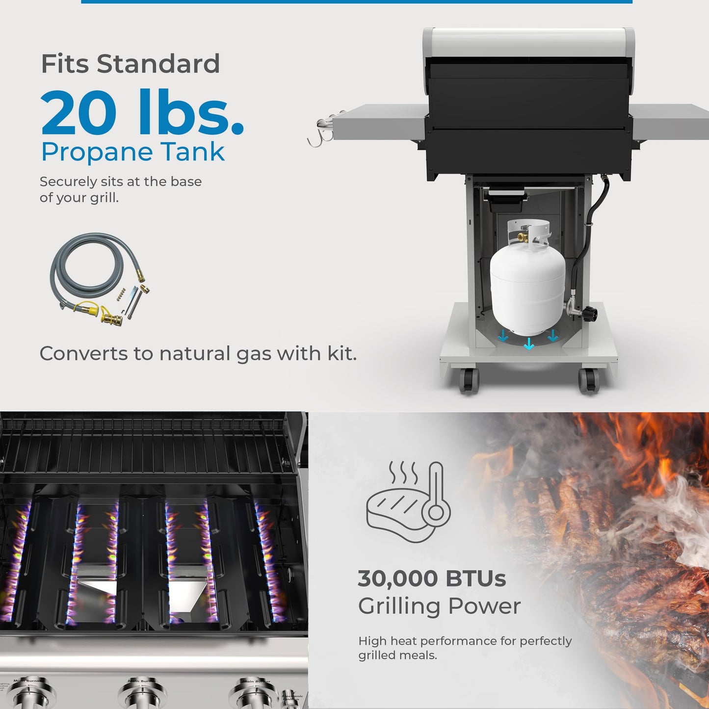Kenmore 3-Burner Propane BBQ Grill, 30,000 BTUs Gas Grill with Cast Iron Cooking Grates, Folding Side Tables & Wheels, Outdoor Grill with Tool Hooks, Azure Blue