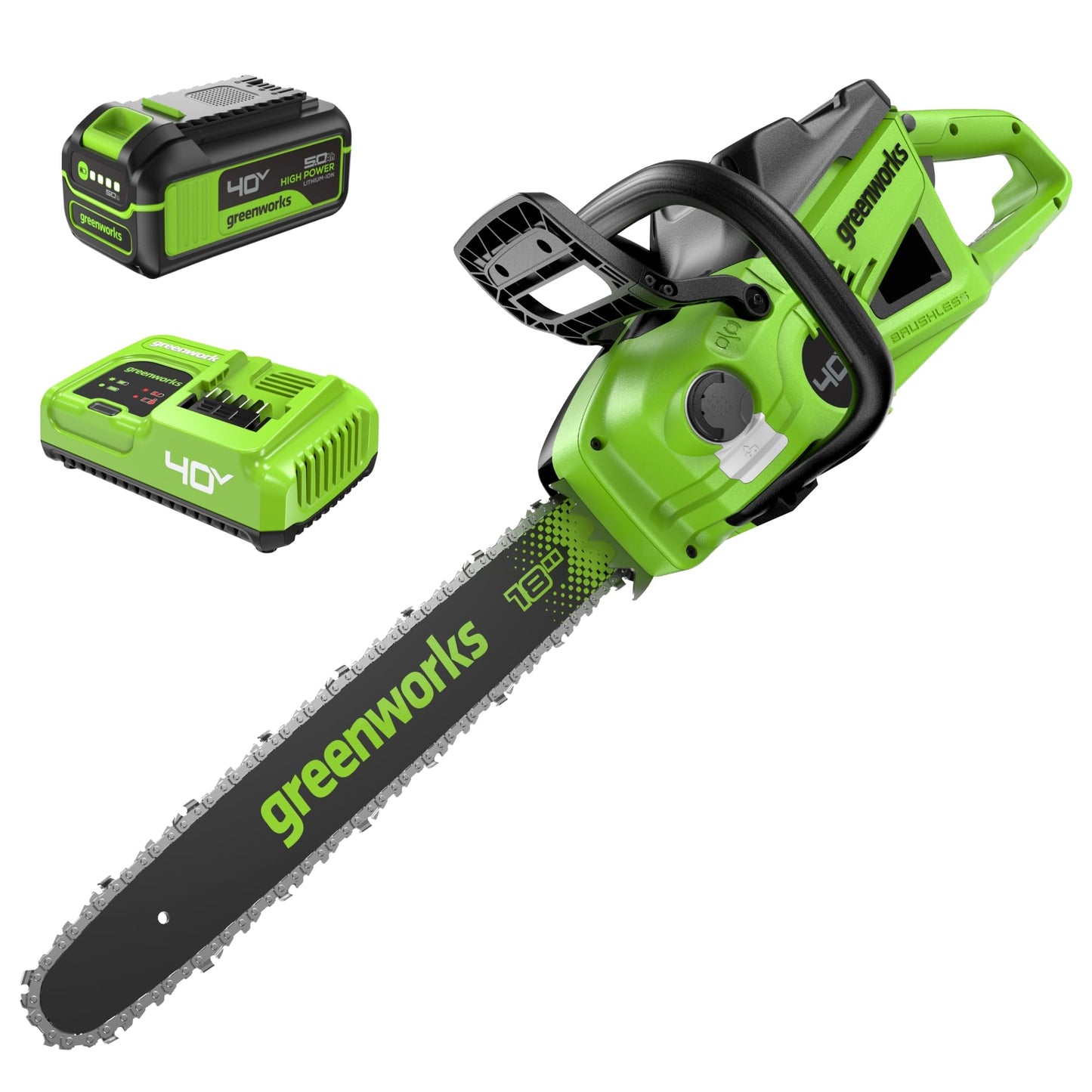 Greenworks 40V HP 18" BL Chainsaw Kit with 5.0Ah HP Battery and 5A Rapid Charger