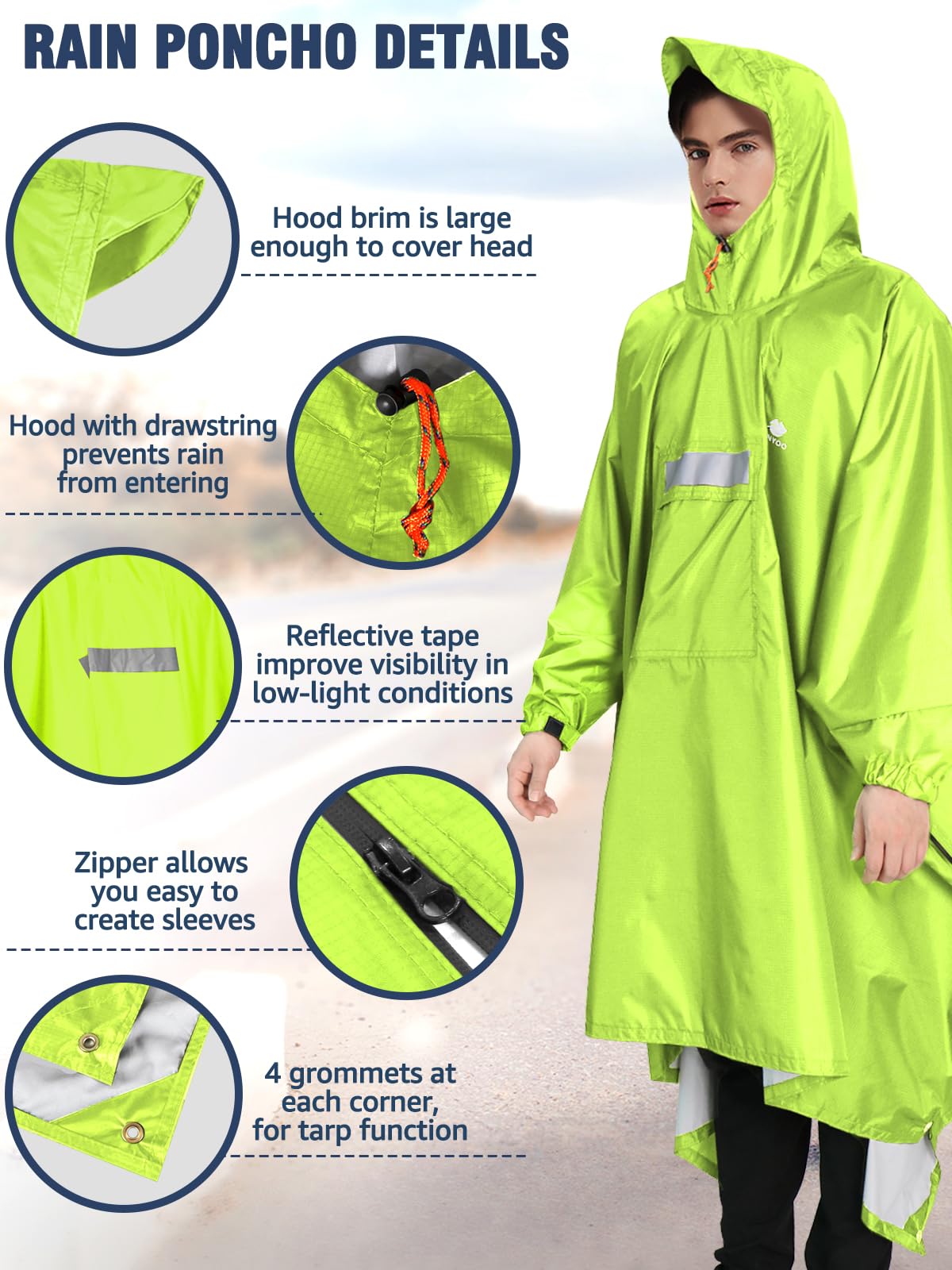 ANYOO Hooded Rain Poncho for Adults Waterproof Lightweight Rain Coat for Men Women Reusable Rain Jacket for Emergency Outdoor