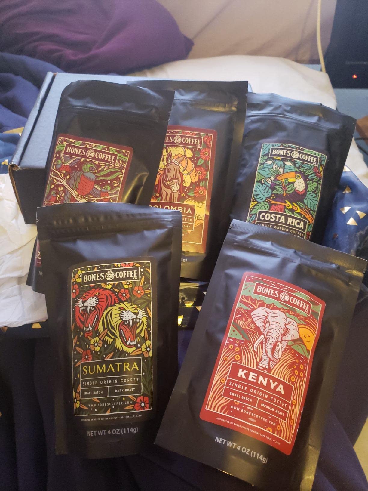 Bones Coffee Company World Tour Coffee Gift Set, 5 Packs Flavored Coffee, Medium Roast Low Acid, 4 Oz Ground