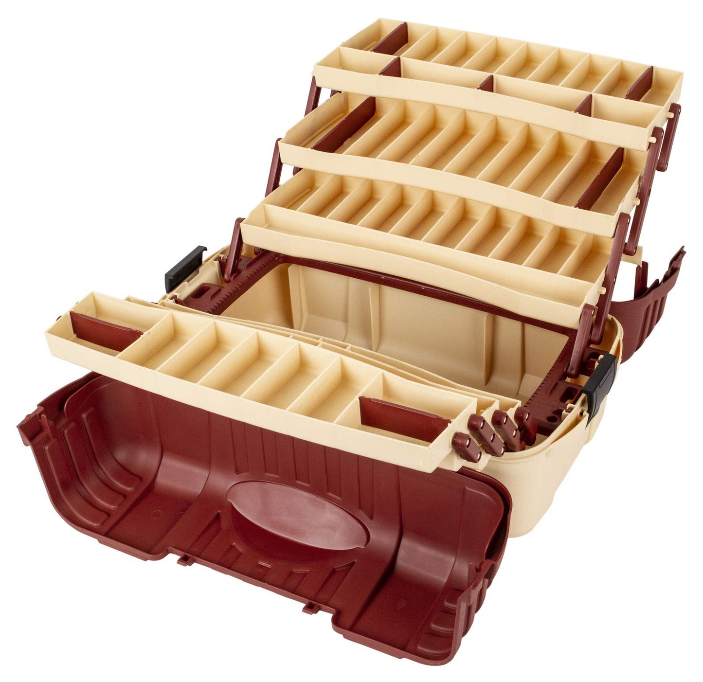 Flambeau Outdoors 2059 Hip Roof 7-Tray Fishing Tackle Box - Large Portable All-Weather Fishing Lure Organizer, 61 Compartments, Maroon/Tan
