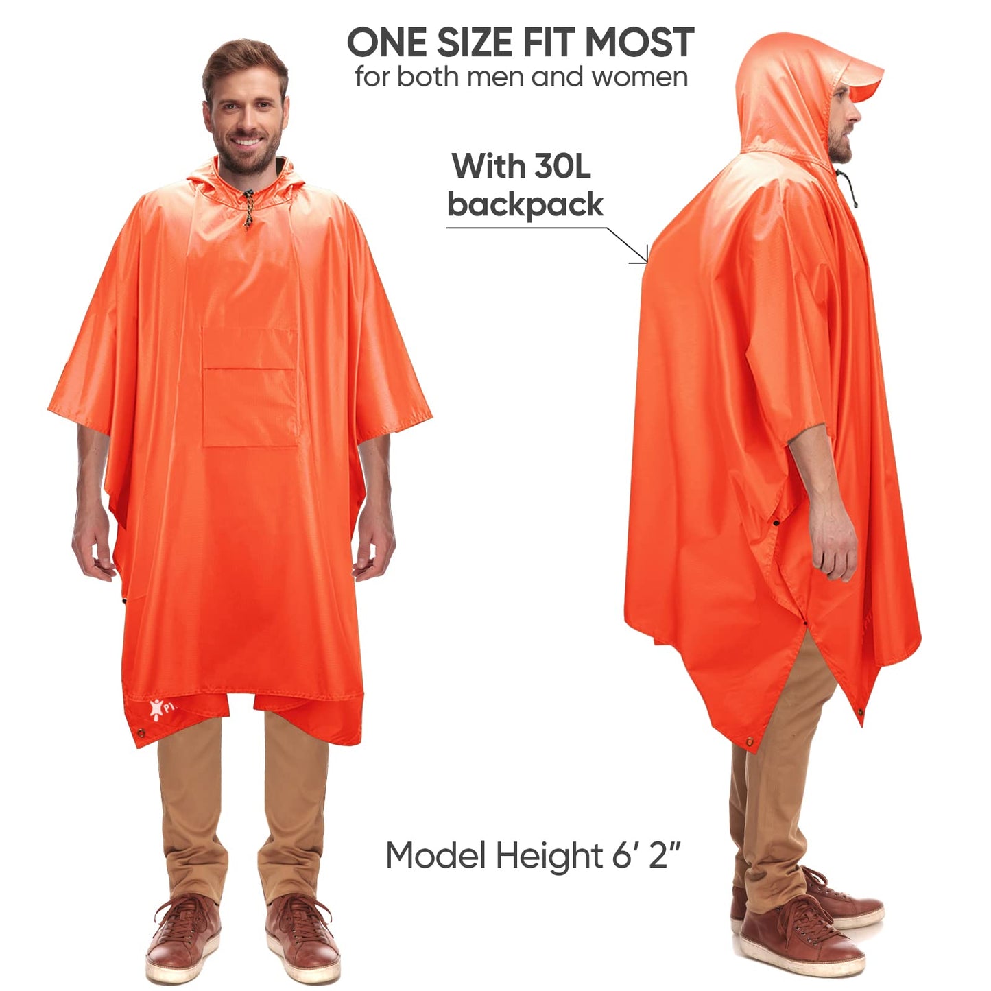 PTEROMY Hooded Rain Poncho for Adult with Pocket, Waterproof Lightweight Unisex Raincoat for Hiking Camping Emergency