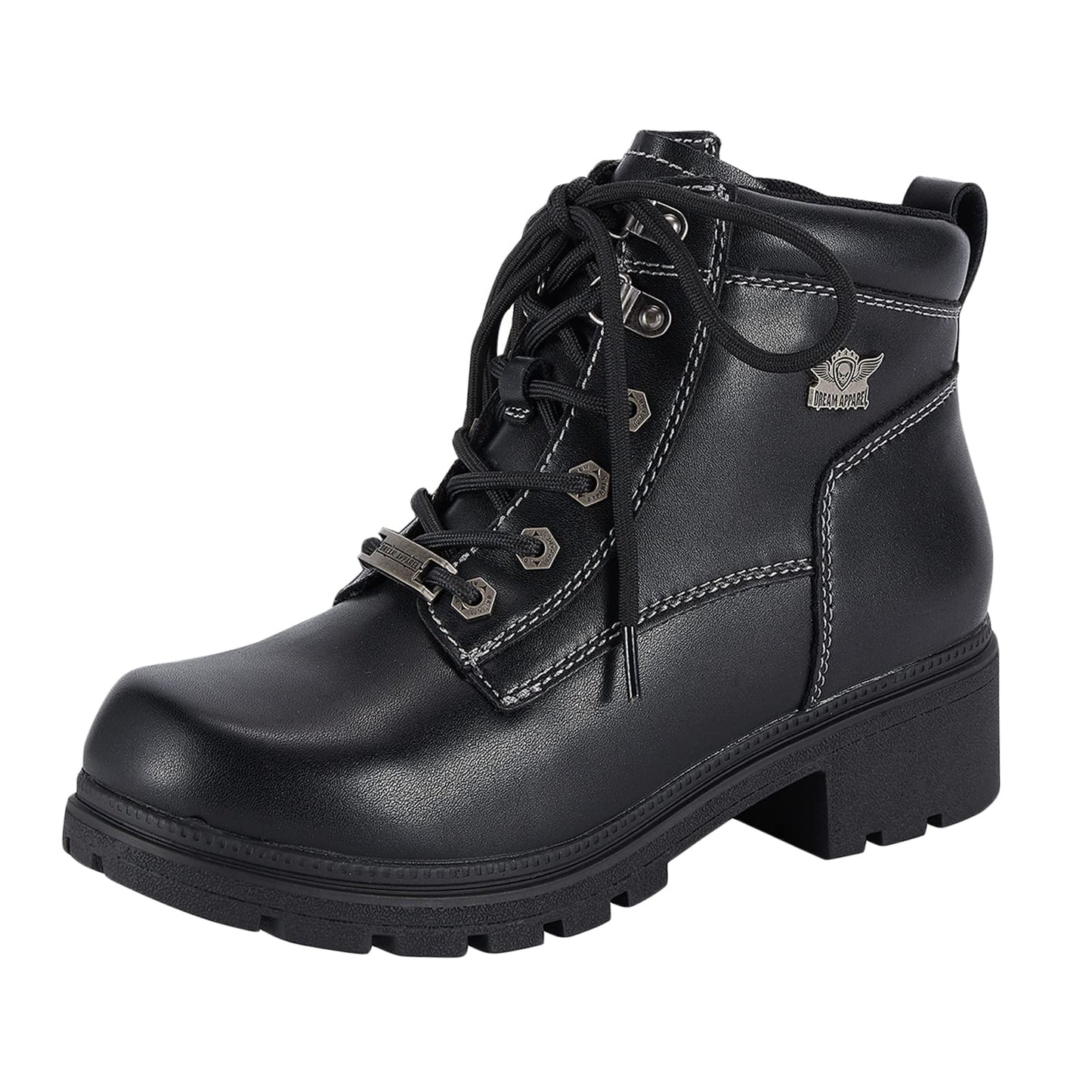Dream Apparel Womens Lace Up Motorcycle Riding Boots with Side Zipper, Black Faux Leather Ankle Booties Biker Boots, Military Combat Booties for Ladies with Low Heel