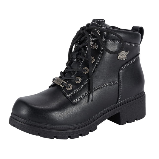 Dream Apparel Womens Lace Up Motorcycle Riding Boots with Side Zipper, Black Faux Leather Ankle Booties Biker Boots, Military Combat Booties for Ladies with Low Heel