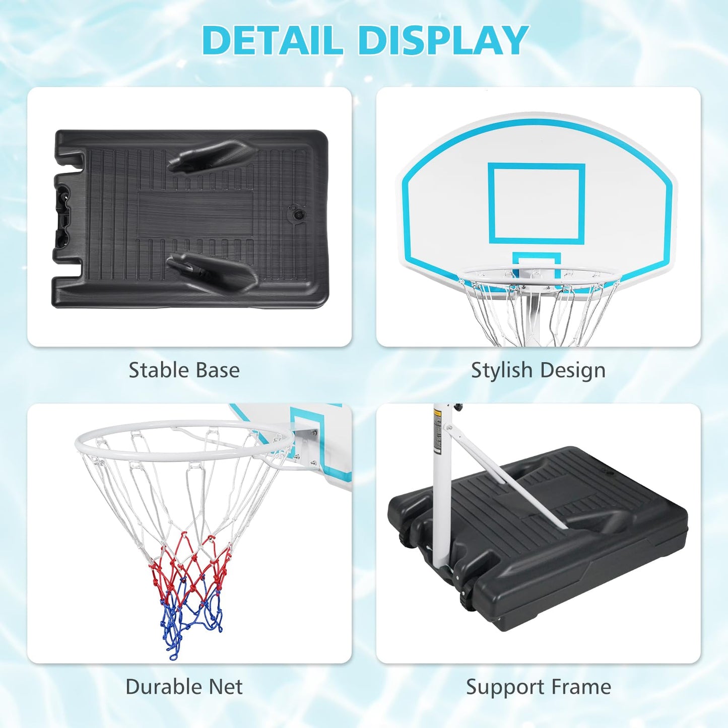 SculPong Swimming Pool Basketball Hoop Portable Water Basketball Goal Poolside Height Adjustable Beach Basketball Stand for Pool with Base and 35" Backboard for Indoor Outdoor Games 3.1-4.7 FT Blue