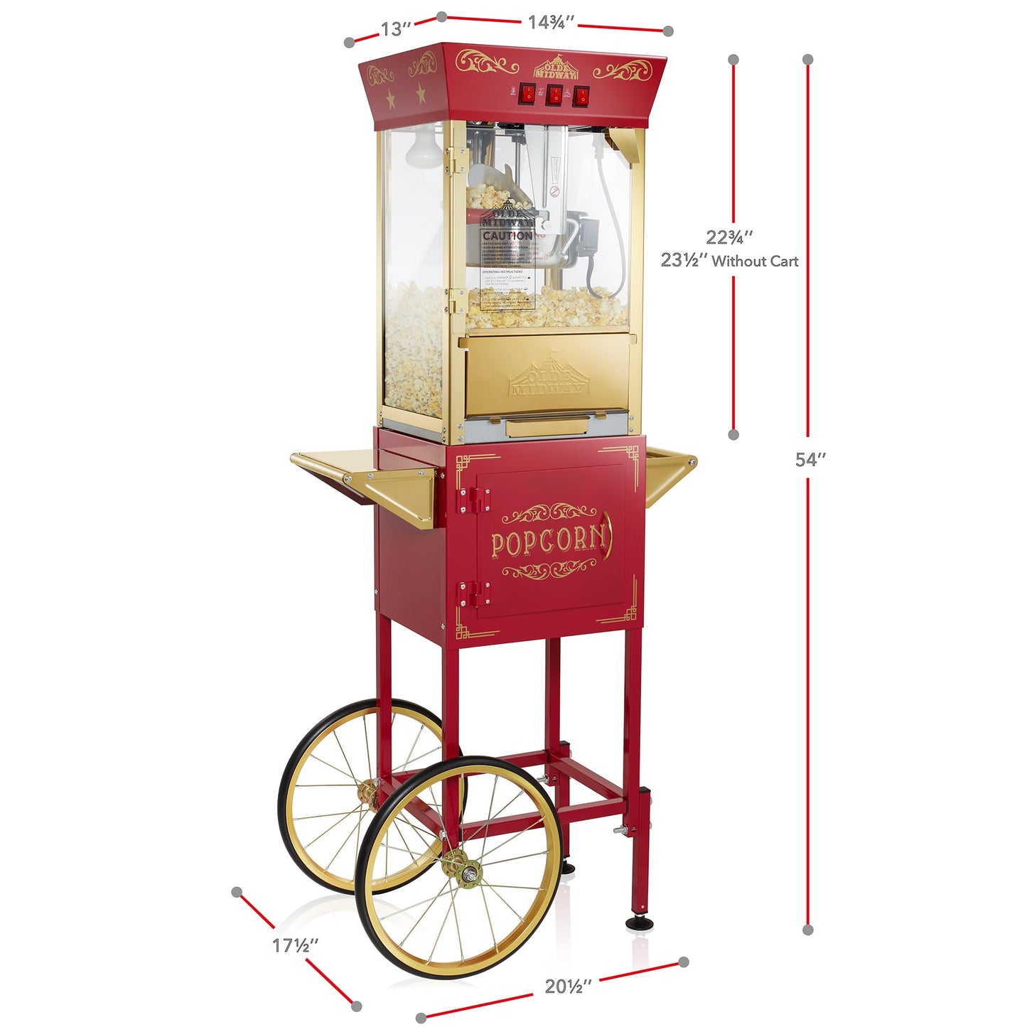 Olde Midway Movie Theater-Style Popcorn Machine Maker with Cart and 10-Ounce Kettle - Red, Vintage-Style Popper on Wheels