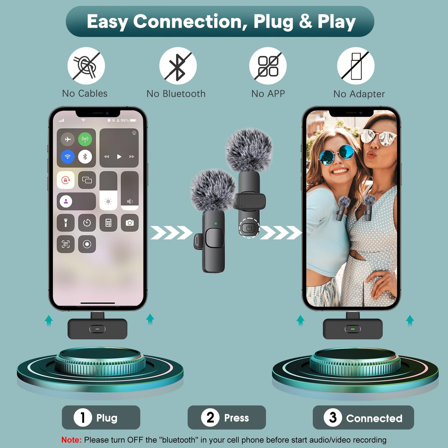 MAYBESTA Professional Wireless Mini Microphone for iPhone, iPad, Android Phone - Bluetooth Lavalier Lapel Mic for Video Recording - Clip on USB C Microphones for YouTube Tiktok Podcast Vlogging