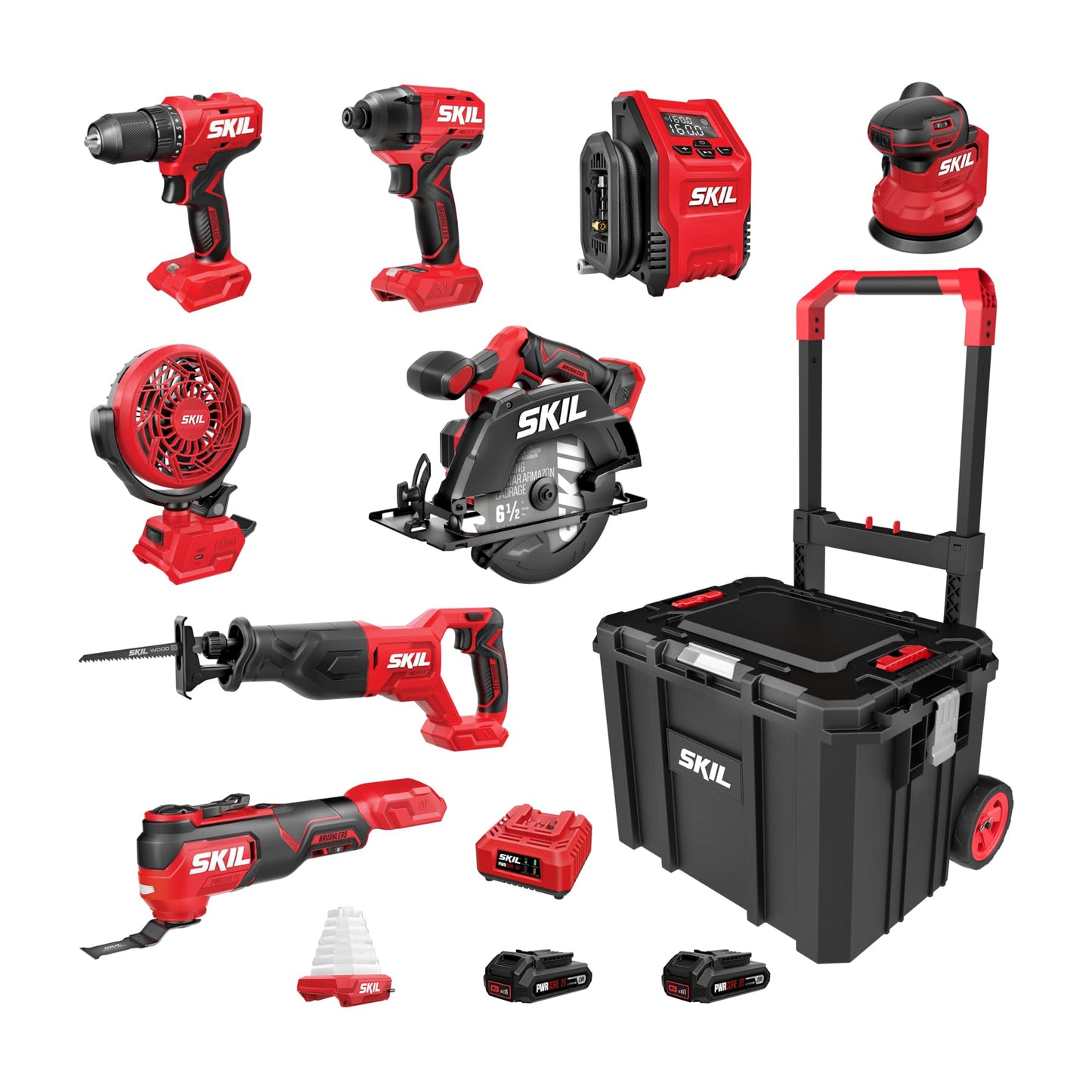 SKIL 20V 4-Tool Combo Kit: 20V Cordless Drill Driver Reciprocating Saw, Circular Saw and Spotlight, Includes Two 2.0Ah PWR CORE Lithium Batteries and One Charger - CB739701,Black, Red
