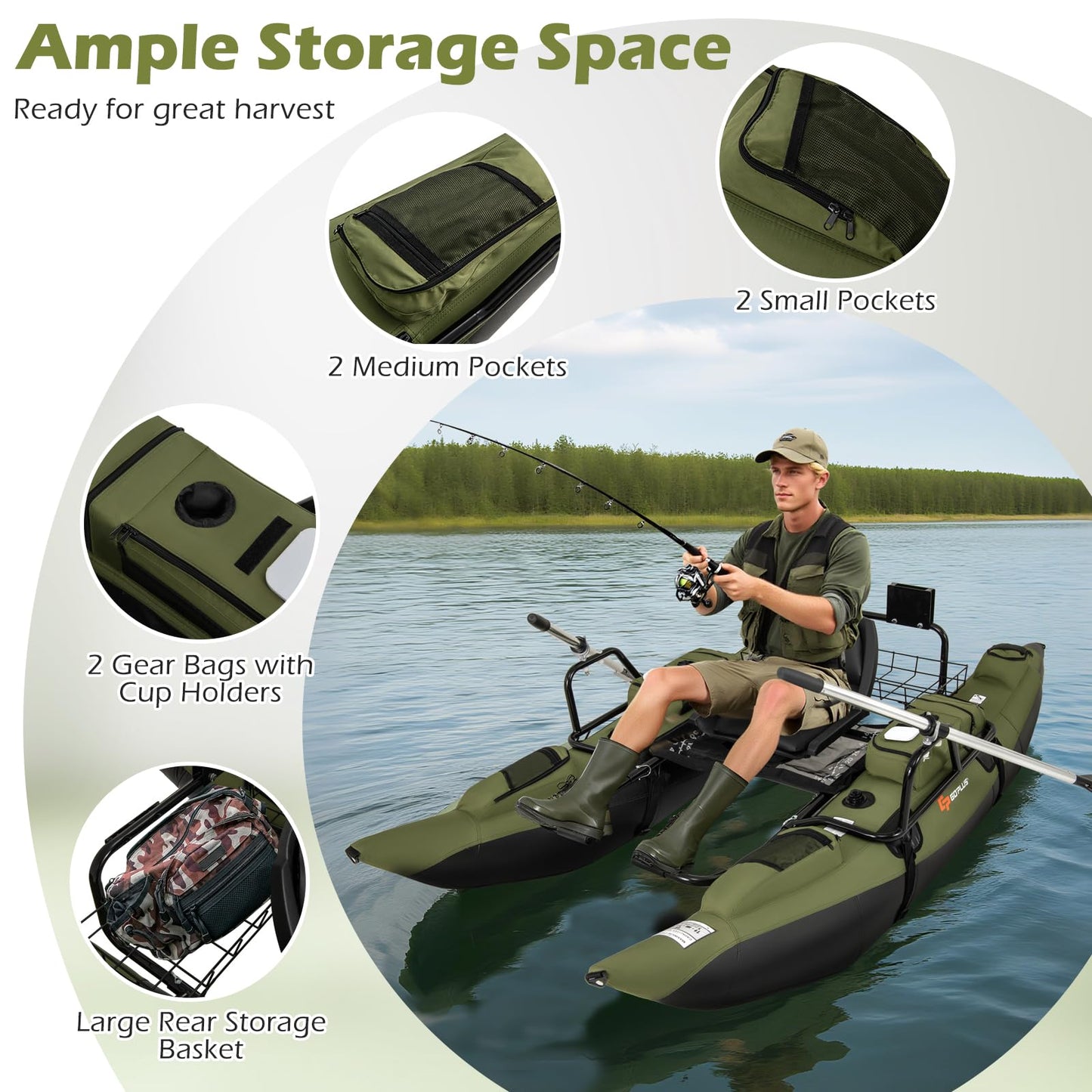 Goplus Inflatable Fishing Float Tube, Pontoon Boat w/Foldable Padded Seat, Adjustable Footrest, Pump, Paddles, Fish Ruler, Storage Basket,Pockets, 400 LBS Load Capacity Adult Belly Boat for Angling