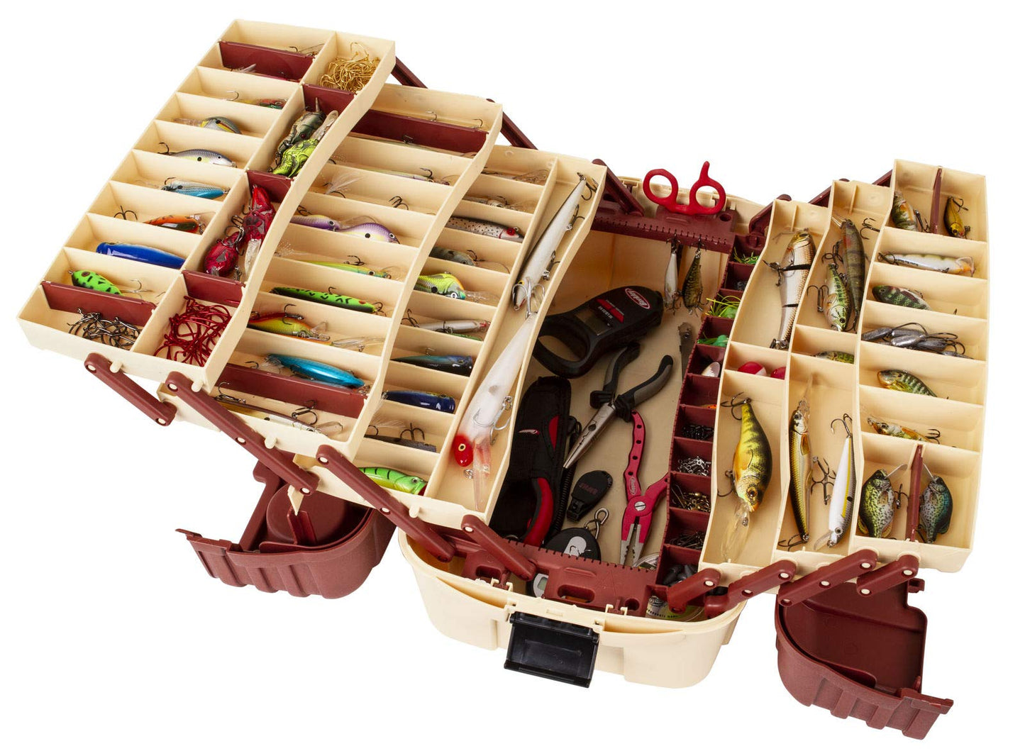 Flambeau Outdoors 2059 Hip Roof 7-Tray Fishing Tackle Box - Large Portable All-Weather Fishing Lure Organizer, 61 Compartments, Maroon/Tan