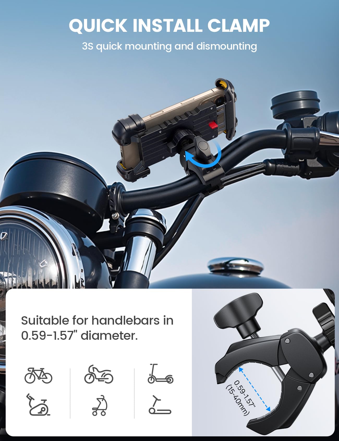 Lamicall Bike Phone Holder Mount - Motorcycle Handlebar Phone Mount Clamp, One Hand Operation, ATV Scooter Phone Clip for iPhone 16/15 Pro Max / 14 Plus, Galaxy S10 and 4.7-6.8" Cellphone, Black