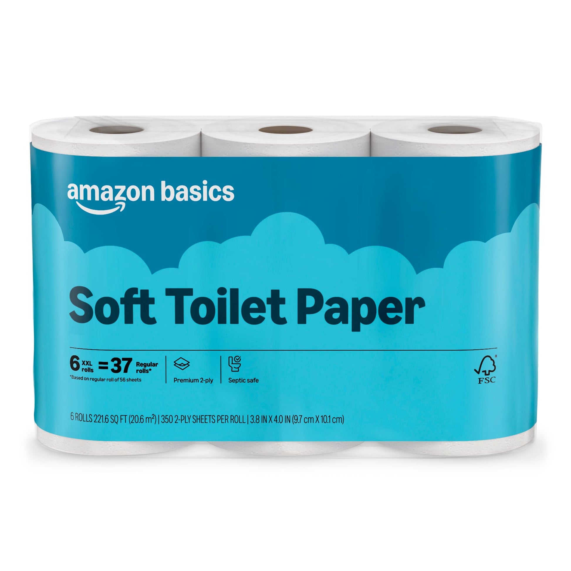 Amazon Basics 2-Ply Soft Toilet Paper, 6 Rolls (1 Pack of 6), Equivalent to 37 Regular Rolls, Packaging May Vary Amazon Basics 2-Ply Soft Toilet Paper, 6 Rolls (1 Pack of 6), Equivalent to 37 Regular Rolls, Packaging May Vary