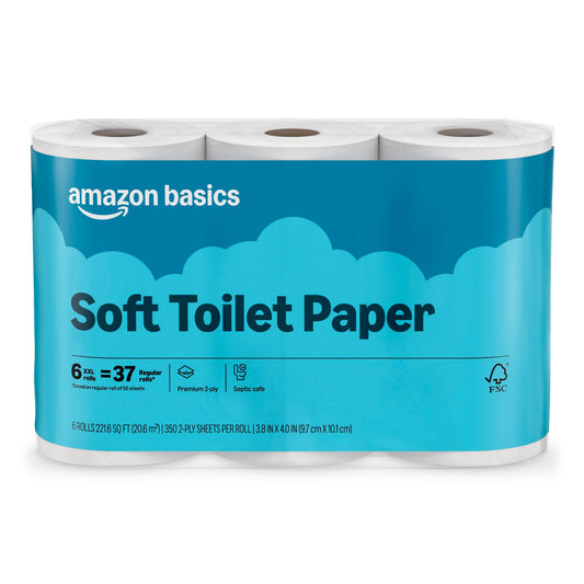 Amazon Basics 2-Ply Soft Toilet Paper, 6 Rolls, 350 Sheets per Roll, Equivalent to 37 Regular Rolls, Septic Safe