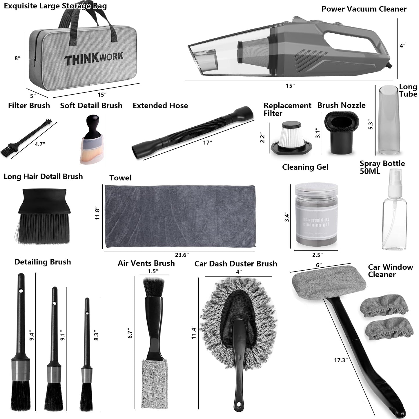 THINKWORK Car Cleaning Kit, Car Vacuum Kit, Gray Car Interior Detailing Kit with 8000PA High Power Vacuum, Including 7Pcs Detailing Brush Set and Bag