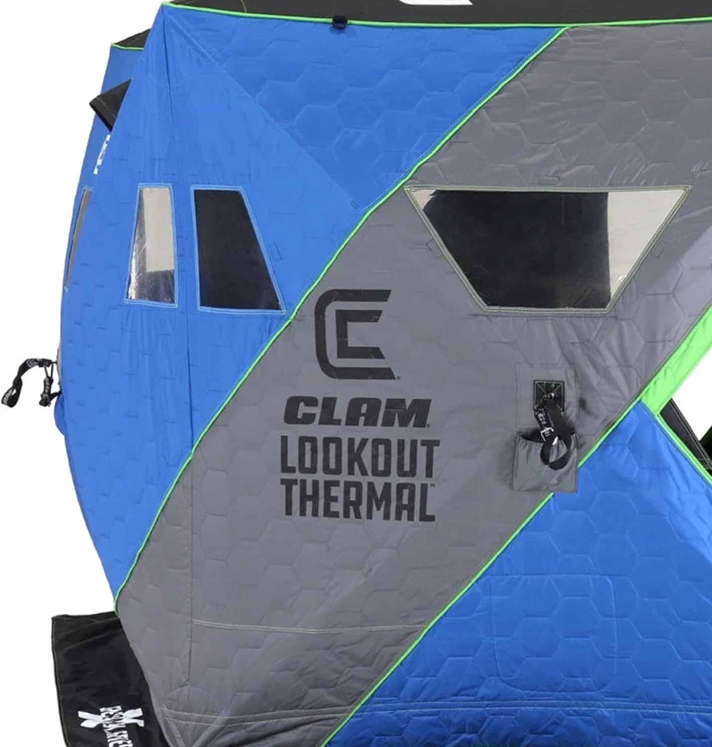 CLAM X500 Insulated 90 Gram Full Thermal Trap 63.5 Square Foot 5 Sided Lookout Outdoor Fishing Hunting Hub Tent Shelter with Flex-Tested Poles