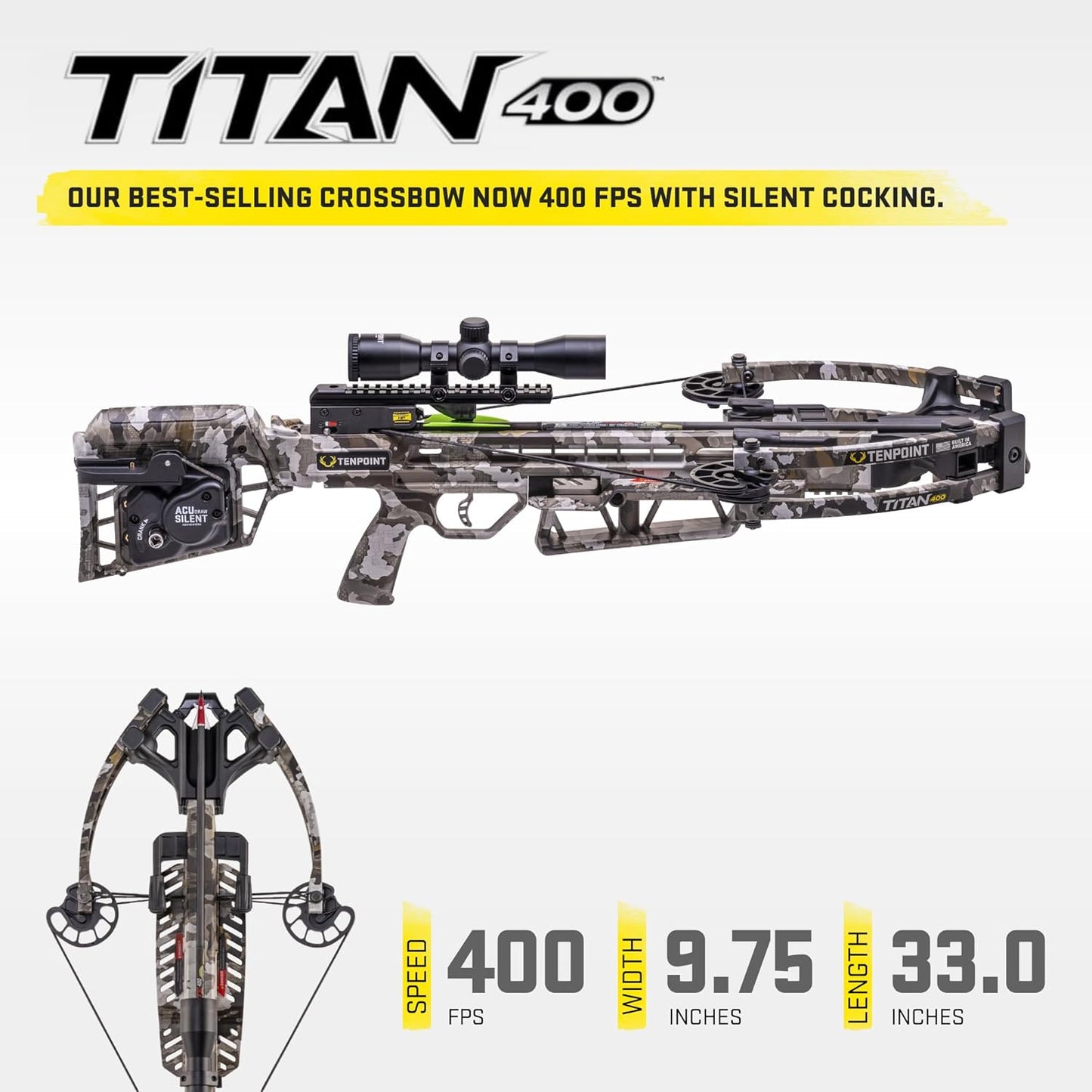 TenPoint Titan 400 Compact Profile Crossbow with T5 Trigger, Bow Hook, ACUdraw Silent, and Pro-View 400 Scope for Down-Range Accuracy (Vektra)