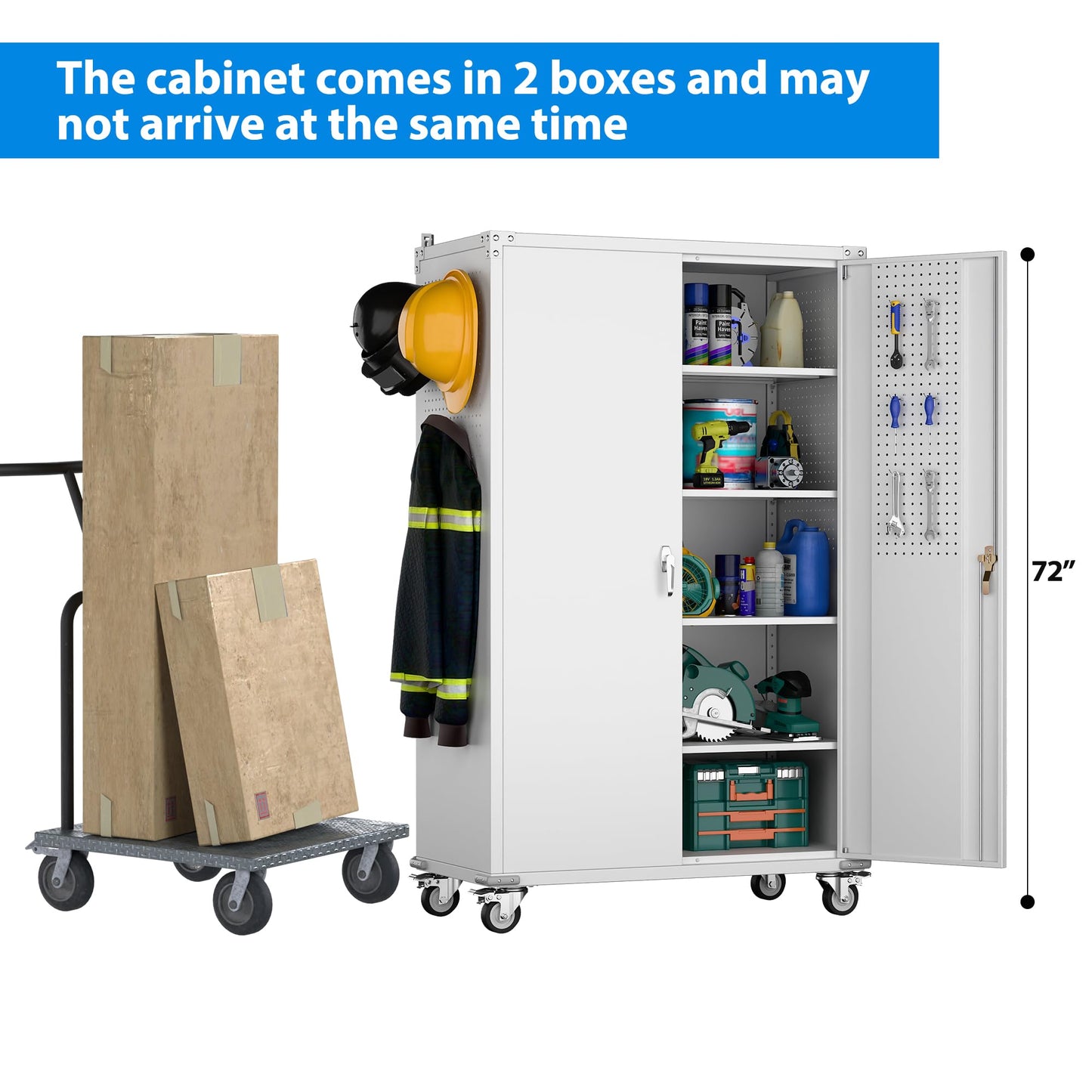 SUXXAN 2025 Upgraded Wide & Deep Garage Storage Cabinet with Wheels, Lockable Metal Storage Cabinet with Pegboards and 9 Hooks, 2 Tool Pouches for Garage,4 Adjustable Shelves