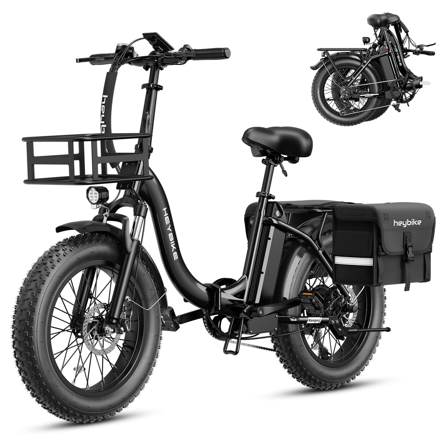Heybike Ranger Electric Bike for Adults, Peak 1400W Upgraded Motor Ebike, 28MPH [20" Fat Tire All-Terrain] 600Wh Removable Battery Folding Step-Thru E Bike with Front Suspension
