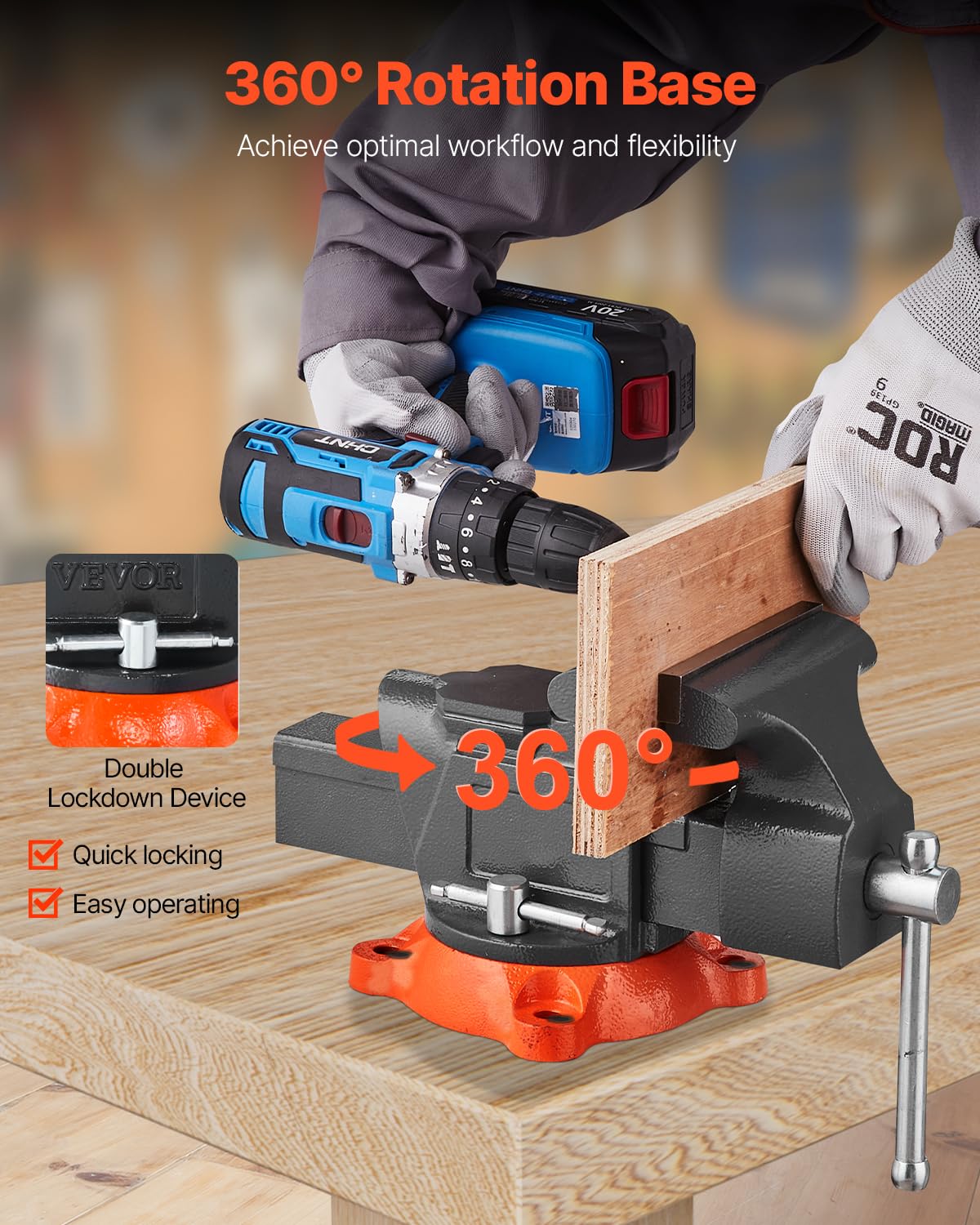 VEVOR Bench Vise, 6-inch Jaw Width 5.9-inch Jaw Opening, 360-Degree Swivel Locking Base Multipurpose Vise w/Anvil, Heavy Duty Ductile Iron Workbench Vise w/Bolts & Nuts, for Drilling, Pipe Cutting