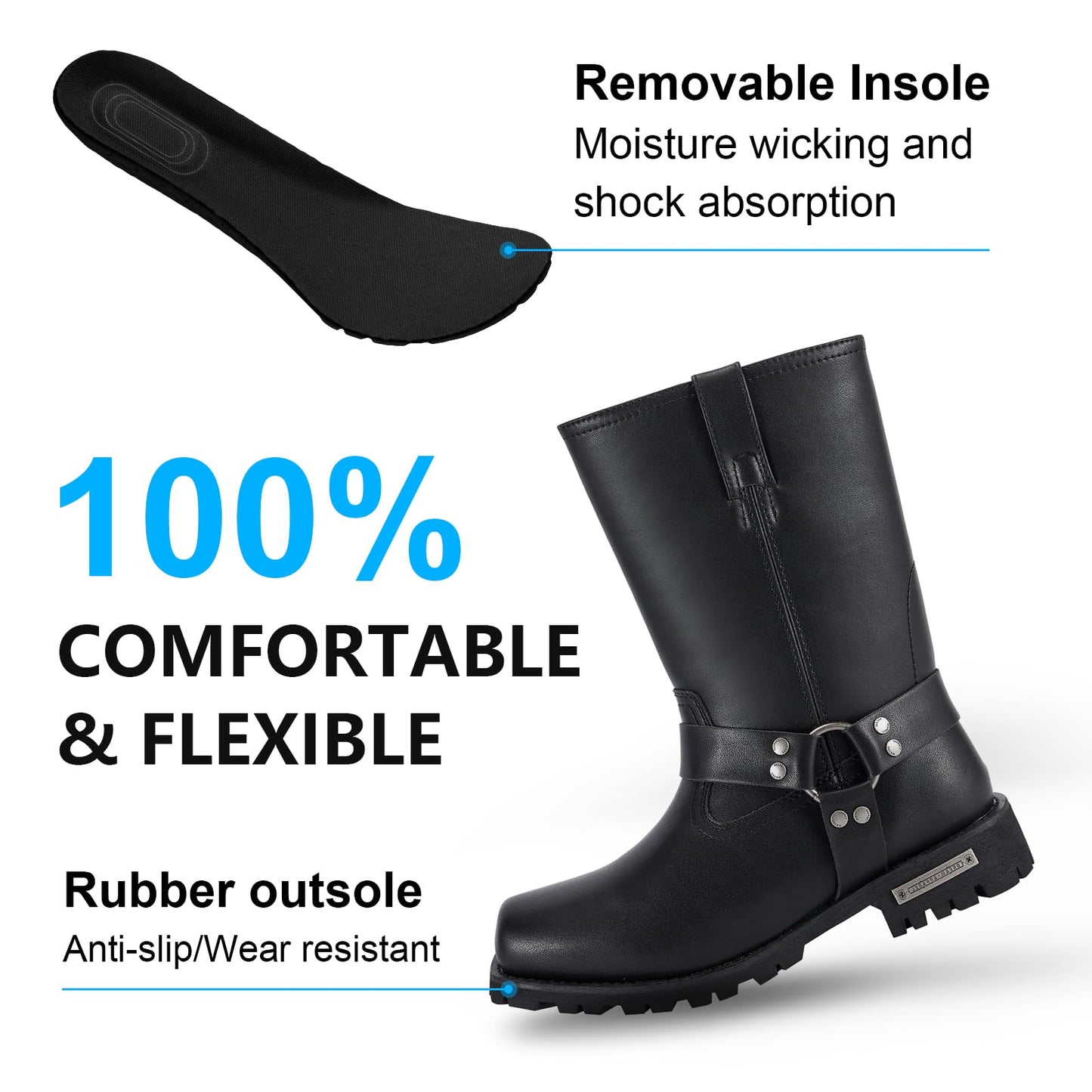 GARGOYLE BELLS Mens Harness Straps Motorcycle Leather Boots Black Waterproof Biker Boots For Men- Low Heel Riding Boots