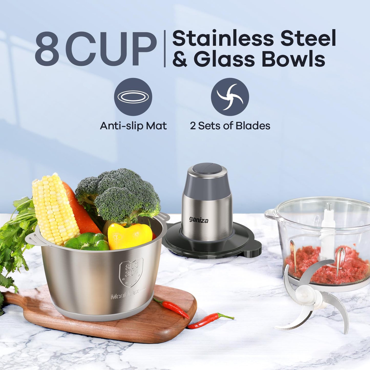GANIZA Food Processors, Electric Food Chopper with Meat Grinder & Vegetable Chopper - 2 Bowls (8 Cup+8 Cup) with Powerful 450W Copper Motor - Includes 2 Sets of Bi-Level Blades for Fruits/Meat/Nuts