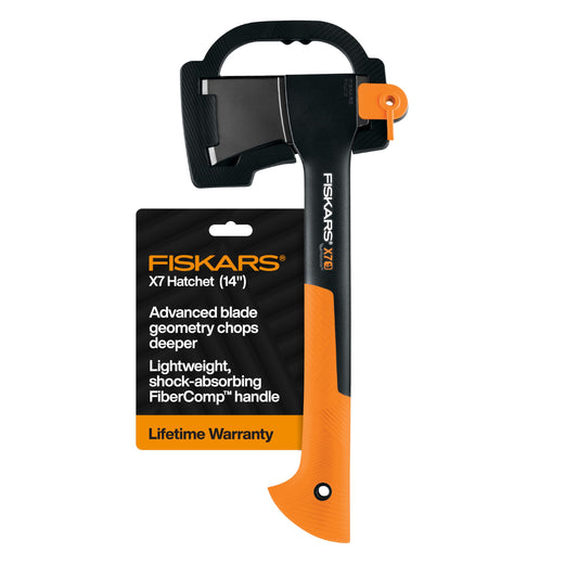 Fiskars X7 Small 14" Hatchet Axe with Sheath for Chopping Wood Kindling for Campfires while Outdoors & Camping, Insert-Molded Forged Steel Head, Low-Friction Blade, Shock Absorbing Handle & Non-Slip Grip