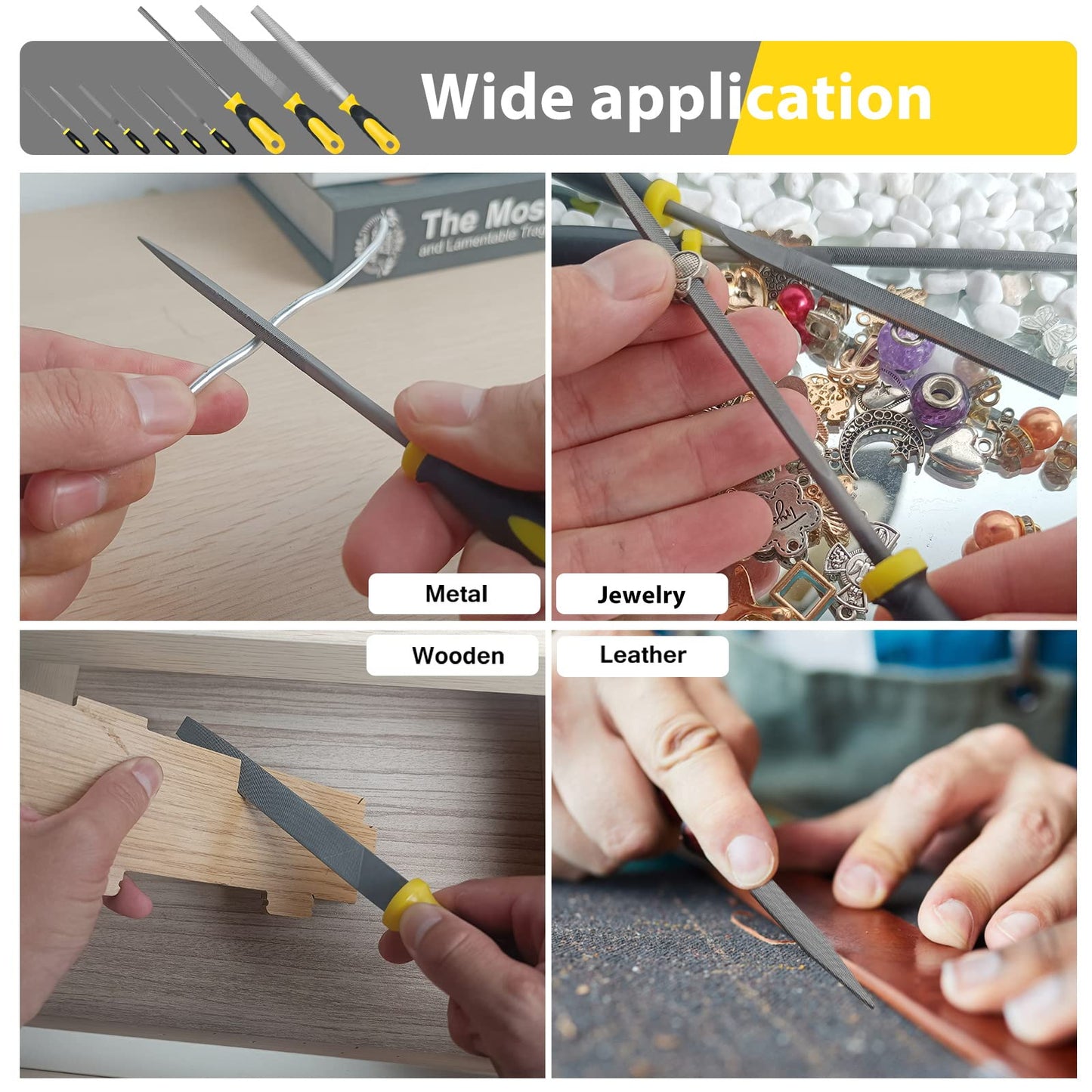 6-Piece Metal Needle File Set - Hardened Alloy Steel Includes Flat, Warding, Square, Triangular, Round, and Half-Round Files