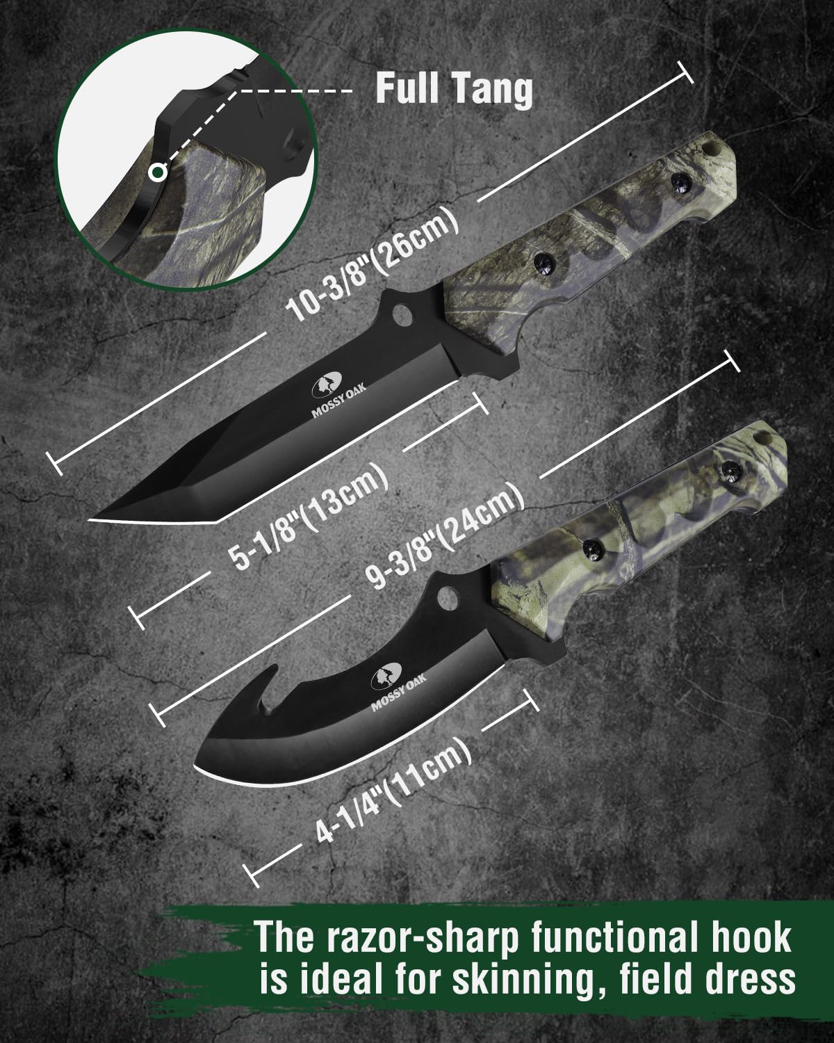 Mossy Oak Fixed Blade Hunting Knife Set - 2 Piece, Full Tang Handle Straight Edge and Gut Hook Blades Game Processing Knife, Sheath Included - Yellow Camo