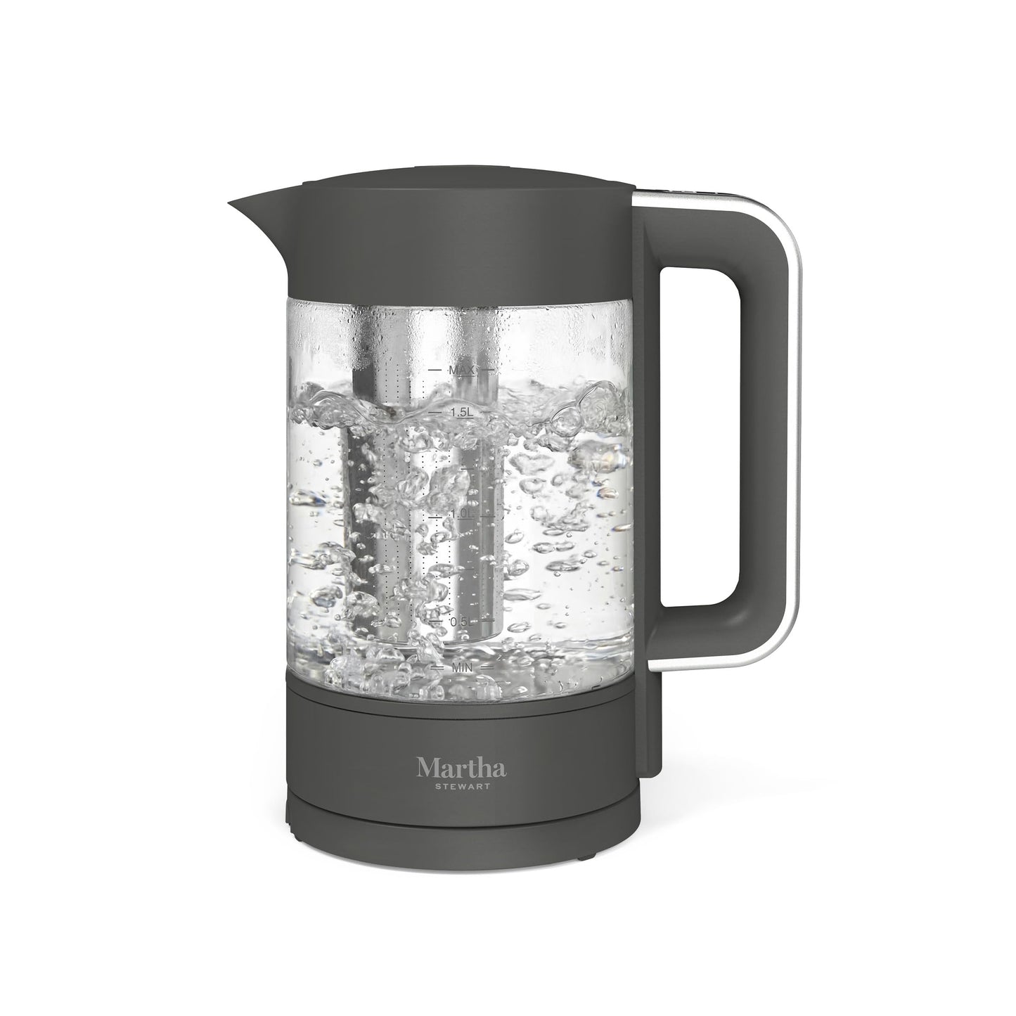 Martha Stewart Electric Kettle with Removable Stainless Steel Tea Infuser,  Glass Carafe 1.7L (7 Cups), Hot Water Boiler, 4 Presets, Keep Warm & Auto Shut-Off, Cordless 360° Swivel Base, Sky Blue