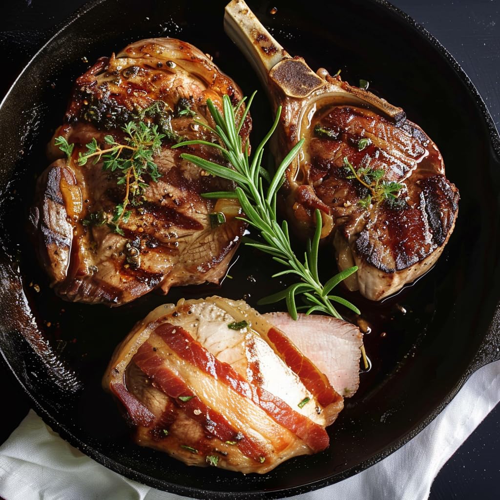 Grumpy Butcher Box Meat Food Gifts: 2 Top Sirloins Steaks (6 oz), 2 Duroc Bone in Pork Chops (14 oz) & 2 Cheese Stuffed Chicken Breasts Wrapped in Bacon (8 oz) - Gourmet Gift Basket for Men