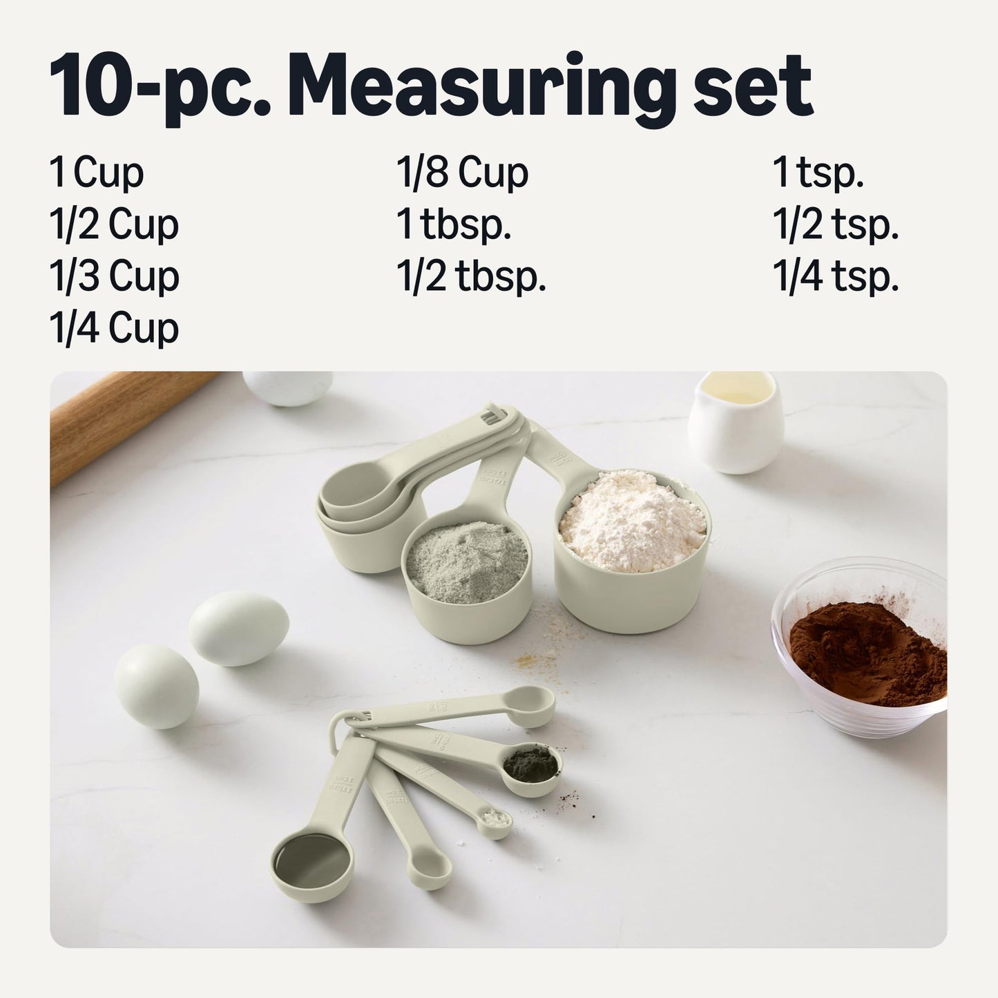Amazon Basics Measuring Cups and Spoons, 10-Piece Set, Dishwasher-Safe, Linen Gray