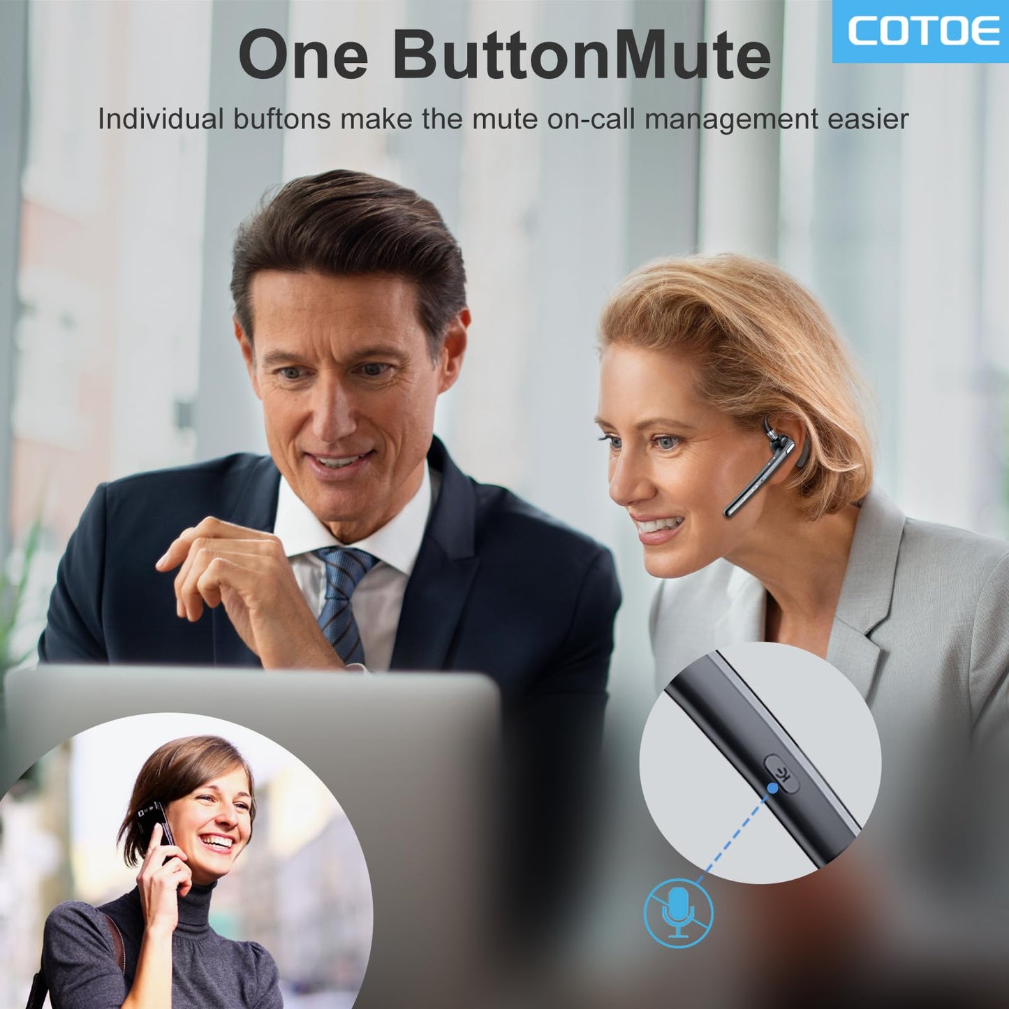 COTOE Bluetooth Headset V5.3, Wireless Earpiece with 500mAh Charging Case Hand-Free Headphones Noise Canceling Mic for Office/Driving/Business