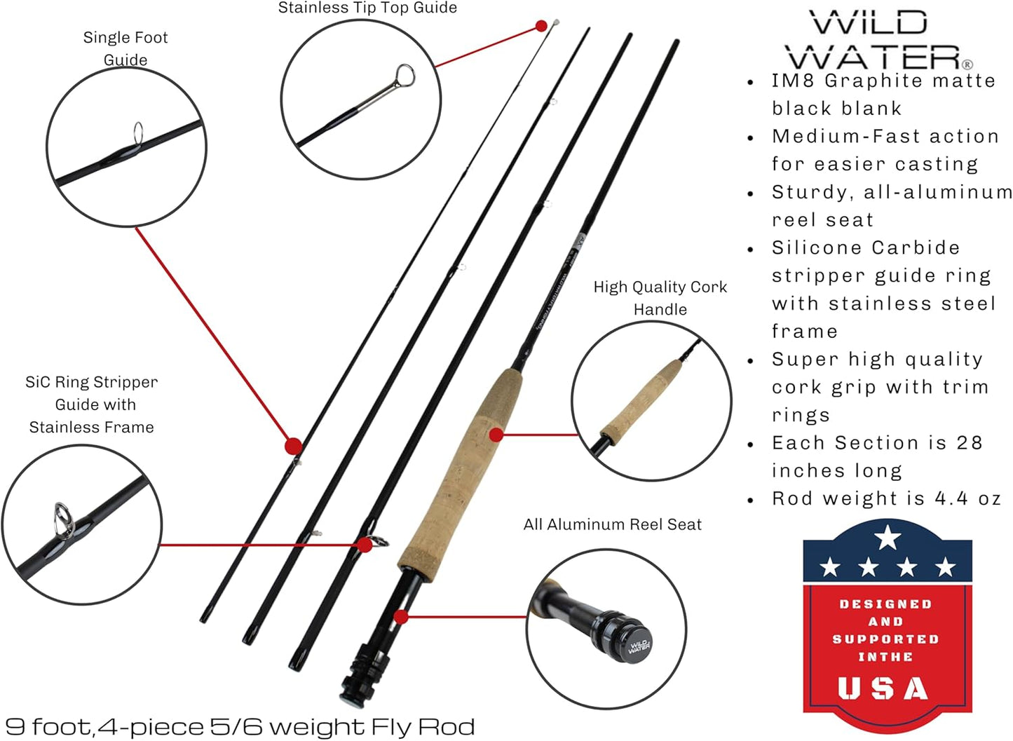 Wild Water Standard Fly Fishing Combo Starter Kit, 5 or 6 Weight 9 Foot Fly Rod, 4-Piece Graphite Rod with Cork Handle, Accessories, Die Cast Aluminum Reel, Carrying Case, Fly Box Case & Fishing Flies