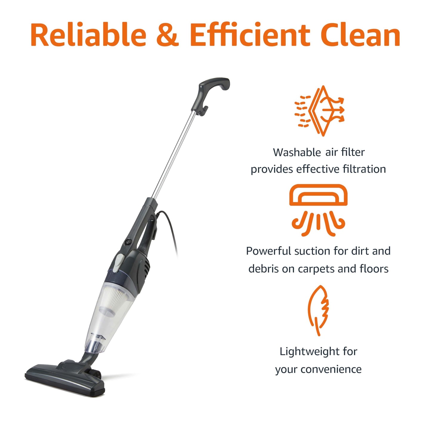 Amazon Basics 2-in-1 Corded Stick Vacuum Cleaner, Converts to Handheld, Lightweight (3.9 LBS), with Washable Filter, Crevice Tools, 0.5L Dust Cup, Self-Standing, 19.7-Ft Cord, 300W, Black
