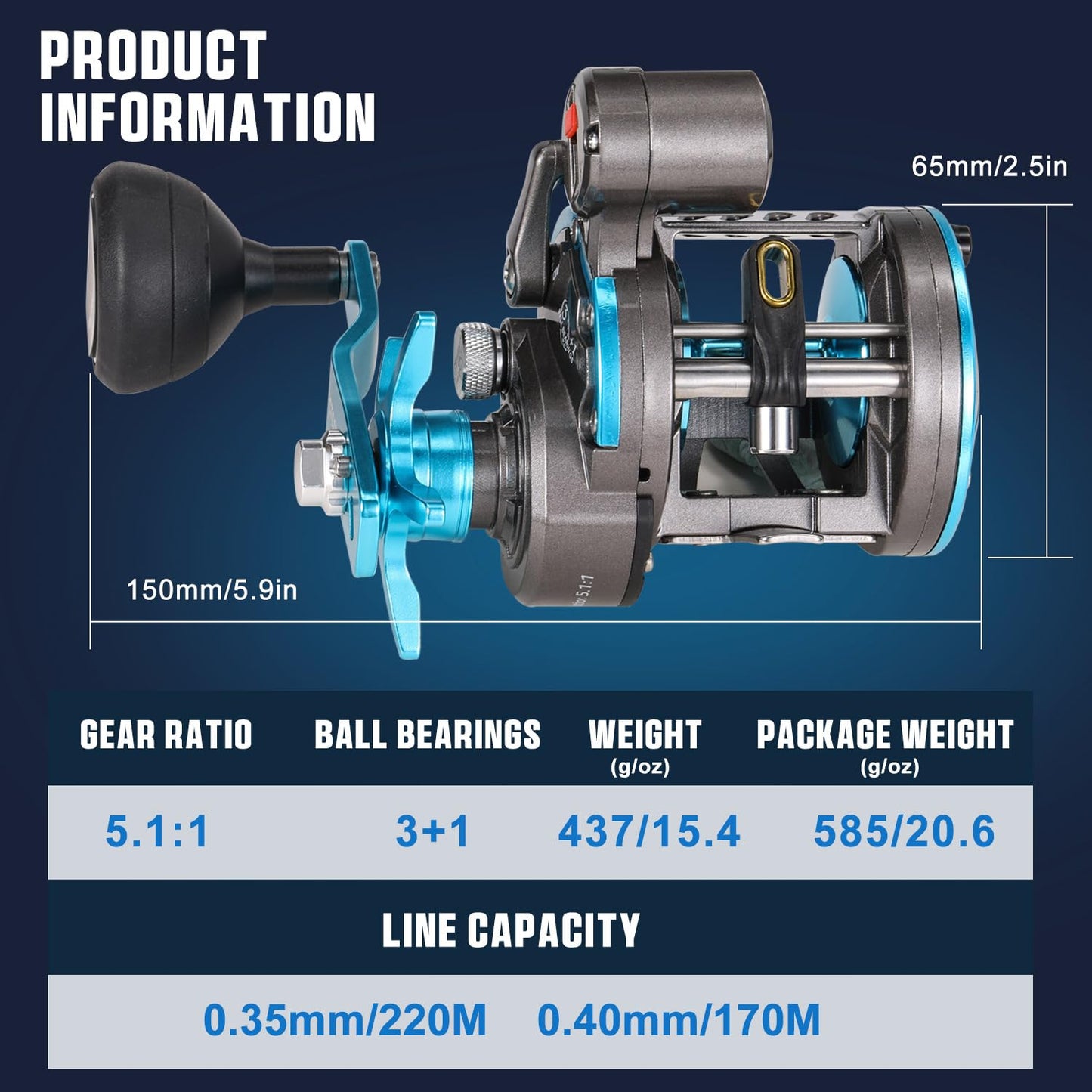 Baitcasting Fishing Reel, Smooth Powerful Round Baitcaster Reel, Saltwater Inshore Surf Trolling Reel, Conventional Reel for Catfish, Musky, Bass, Pike