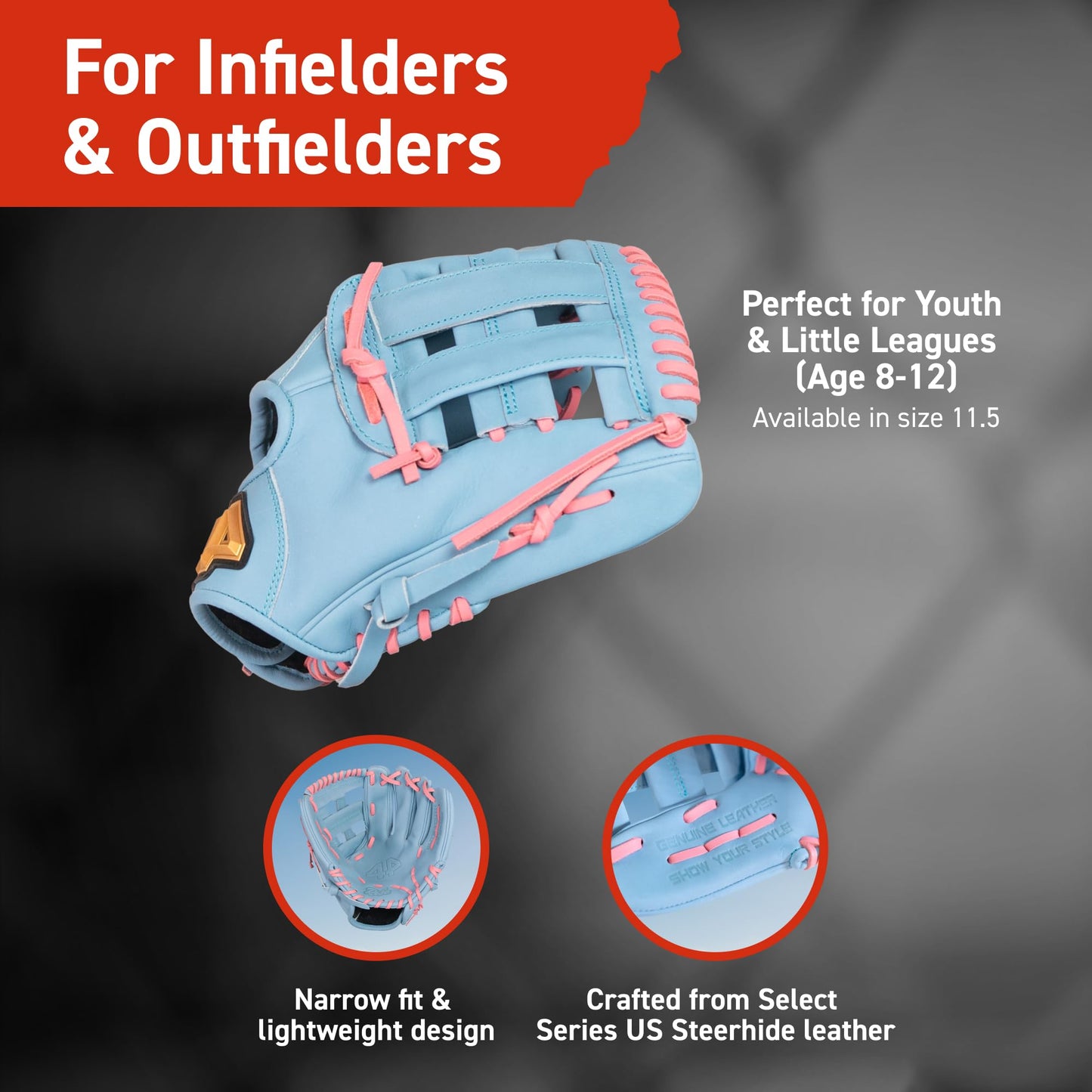 44 PRO BB Stock Rise Baseball Glove for Youth & Little Leagues, Age 8-12, Infield & Outfield, H-Web, Easy Break-in, Narrow Fit & Lightweight Design, Right Hand Throw, Size 11.5, Carolina Blue