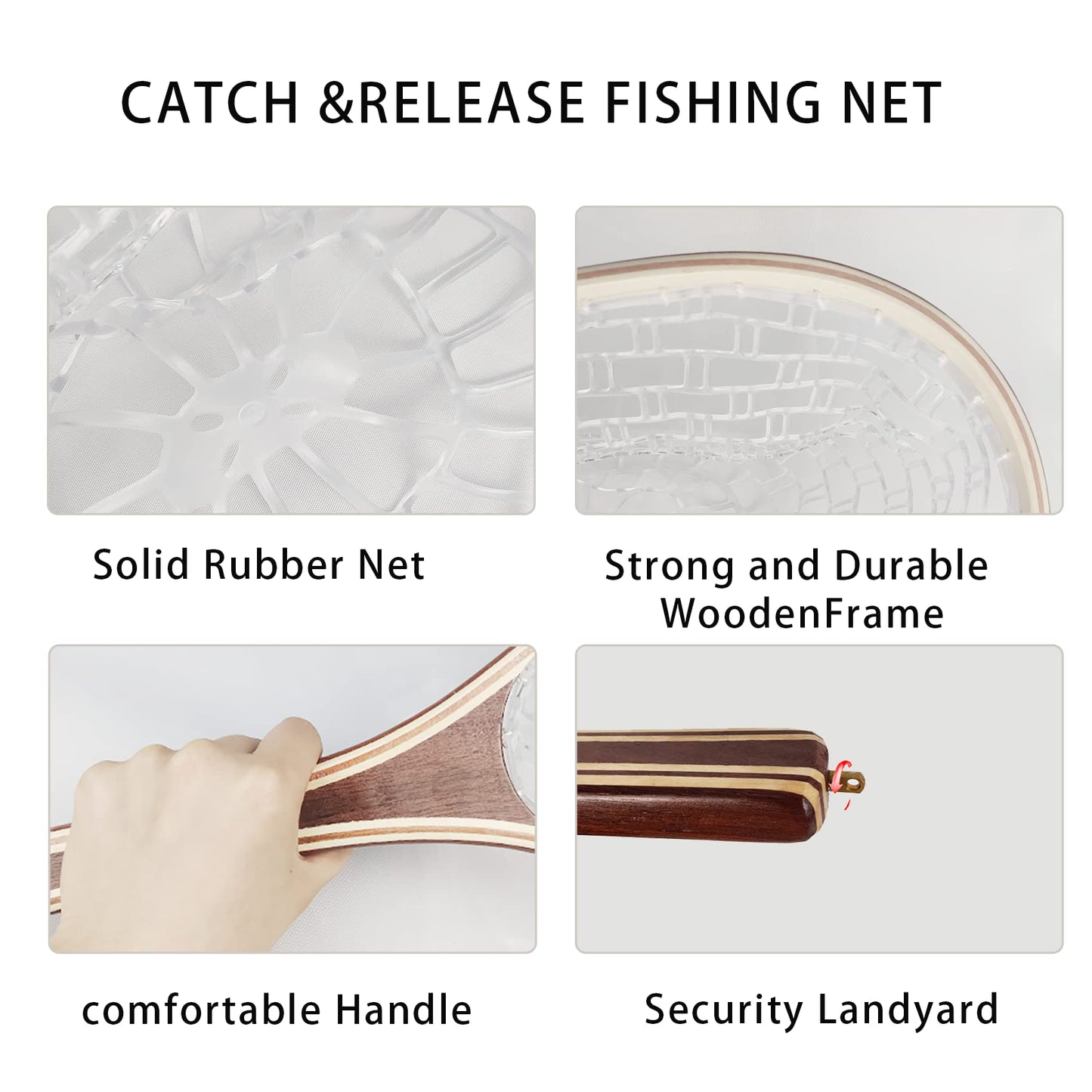 Aventik Wooden Fly Fishing Landing Net with Rubber Ghost Mesh and Magnetic Release - Catch & Release Friendly