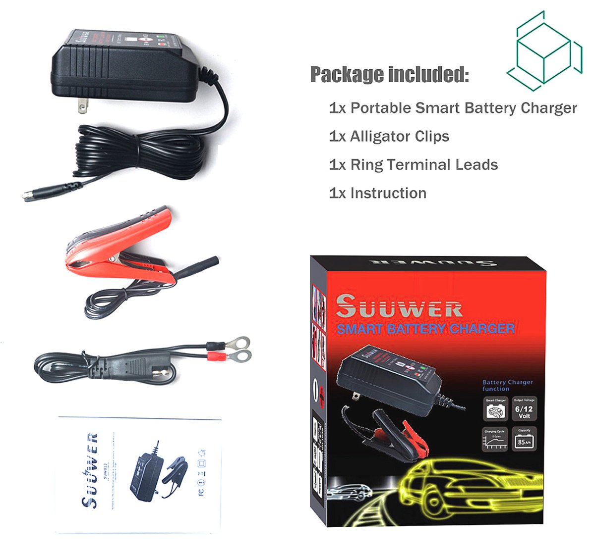 1.25-Amp Trickle Battery Charger 6V/12V Fully-Automatic Smart Battery Maintainer for Motorcycle, ATV, Boat, Lawn Mower and More