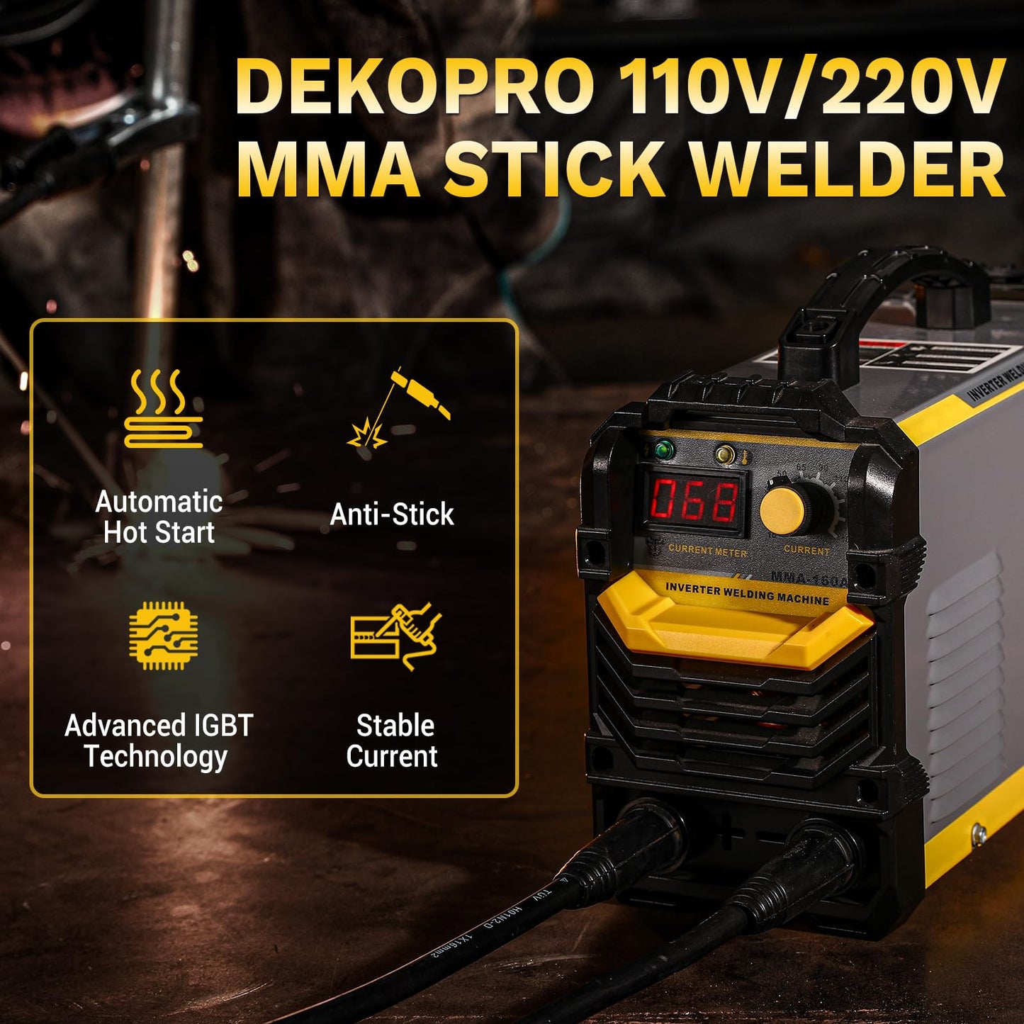 DEKOPRO 110/220V MMA Welder,160A ARC Welder Machine IGBT Digital Display LCD Hot Start Welder with Electrode Holder,Work Clamp, Input Power Adapter Cable and Brush