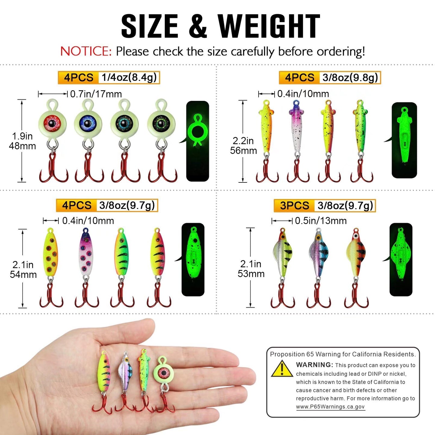 Dovesun Ice Fishing Jigs Ice Fishing Lures Kit Rattling Glow Ice Fishing Spoons for Bass Crappie Panfish Mens Fishing Gifts 15PCS/4PCS/3PCS