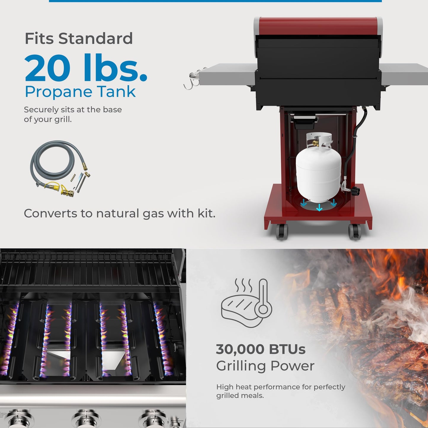 Kenmore 3-Burner Propane BBQ Grill, 30,000 BTUs Gas Grill with Cast Iron Cooking Grates, Folding Side Tables & Wheels, Outdoor Grill with Tool Hooks, Azure Blue