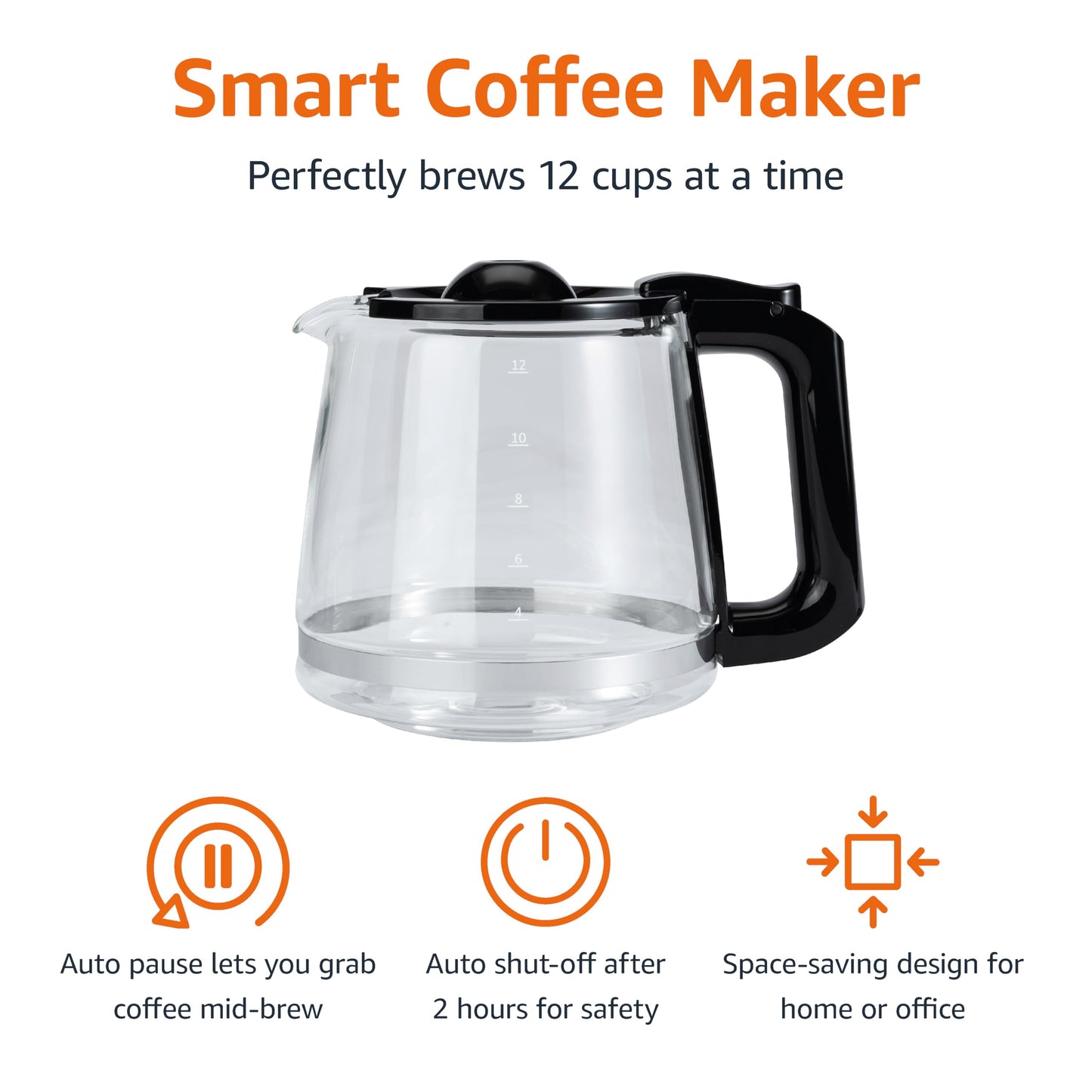 Amazon Basics Coffee Makers, 12-Cup Coffee Machines with Reusable Filter, Coffee Pots, Black & Stainless Steel