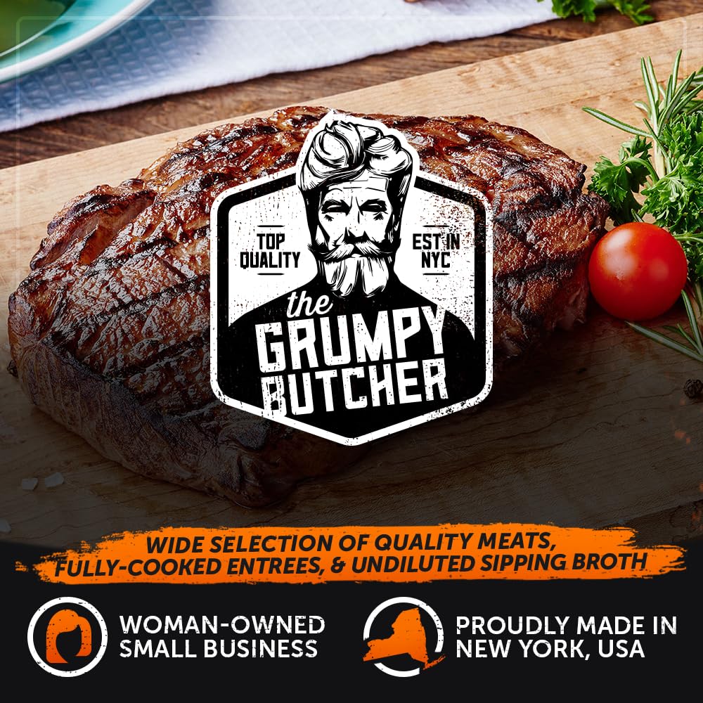 Grumpy Butcher Box Meat Food Gifts: 2 Top Sirloins Steaks (6 oz), 2 Duroc Bone in Pork Chops (14 oz) & 2 Cheese Stuffed Chicken Breasts Wrapped in Bacon (8 oz) - Gourmet Gift Basket for Men