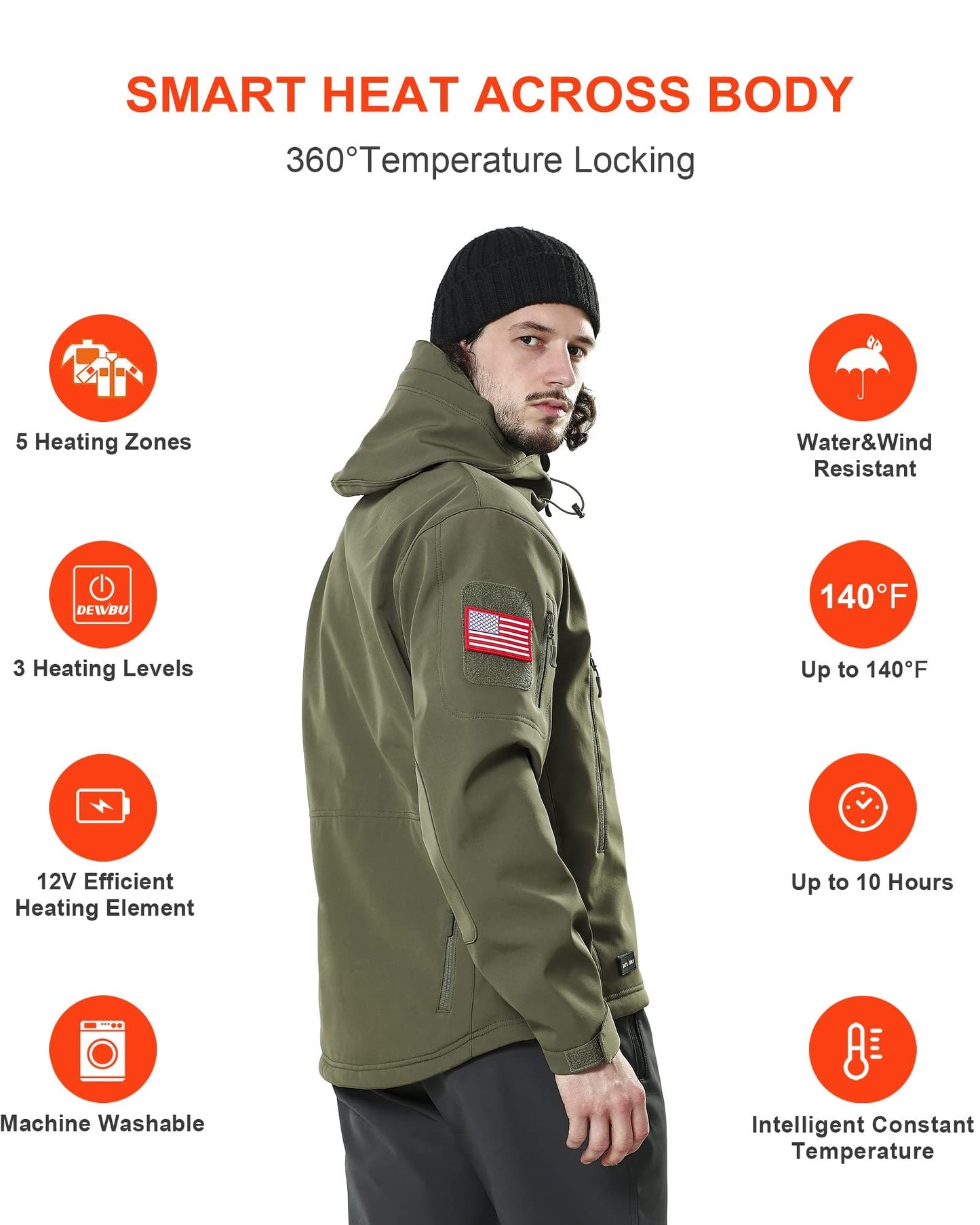 DEWBU Heated Jacket for Men with 12V Battery Pack Winter Outdoor Soft Shell Electric Heating Coat