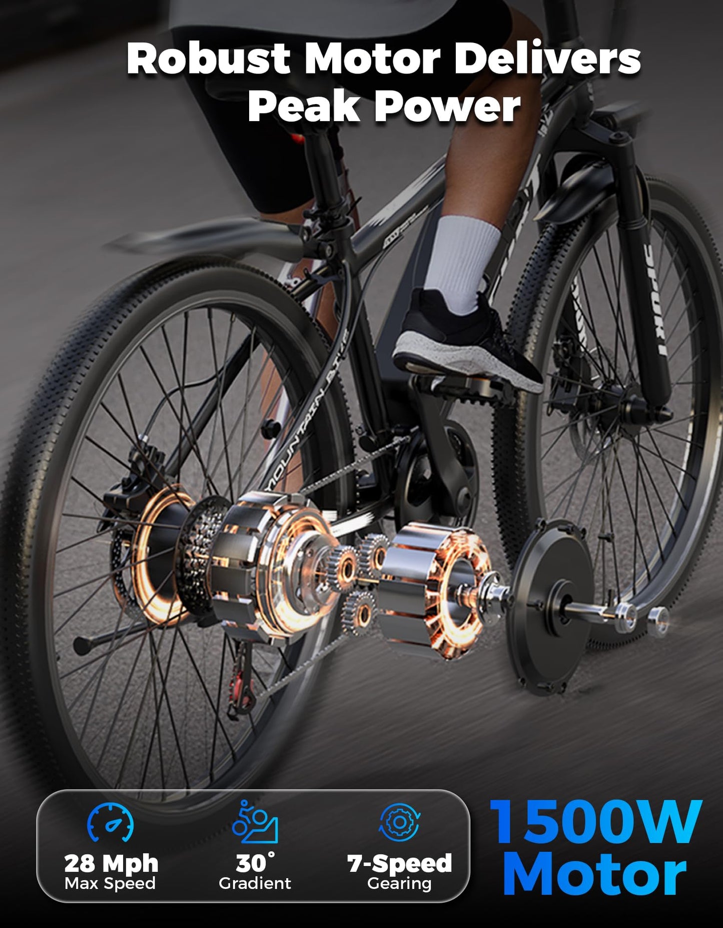 PostJoy Electric Bike for Adults, 1500W Motor Peak Ebike, 480Wh Removable Battery E Bike, Max 65Miles 28MPH, 26" Electric Mountain Bike, 7-Speed & Front Suspension, Electric Bicycle for Commute