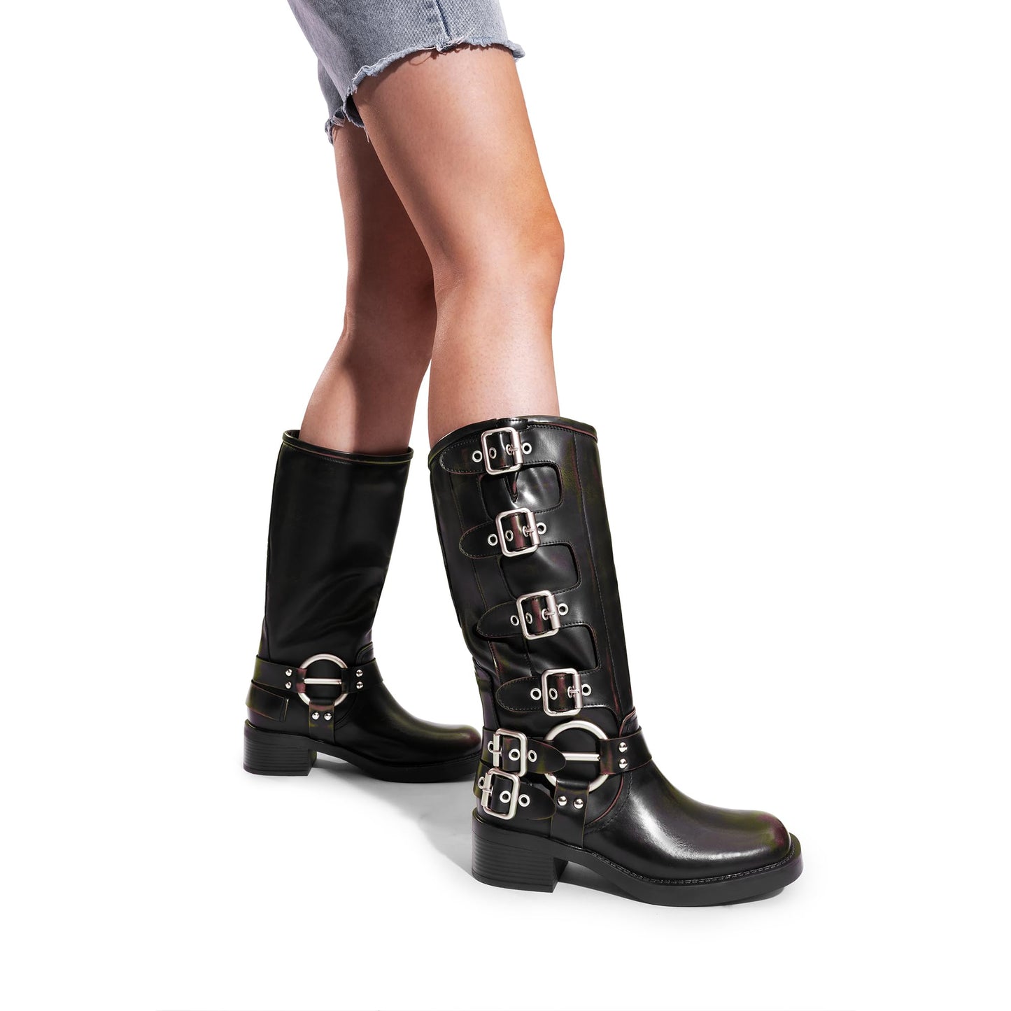 DREAM PAIRS Women's Knee High Riding Boots Slip On Motorcycle Boots Square Toe Chunky Heel Fashion Buckles Biker Boots