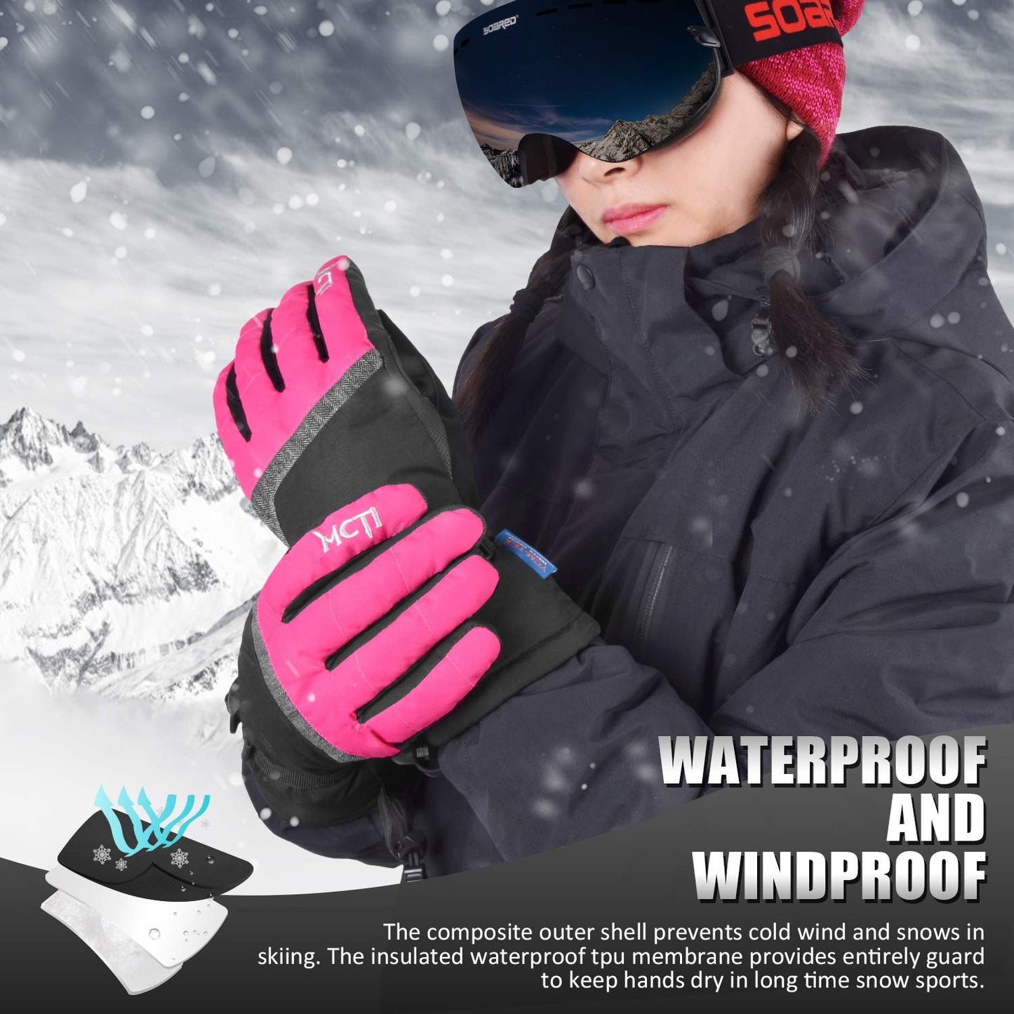 MCTi Ski Gloves,Winter Waterproof Snowboard Snow 3M Thinsulate Warm Touchscreen Cold Weather Women Gloves Wrist Leashes Rose Red Medium