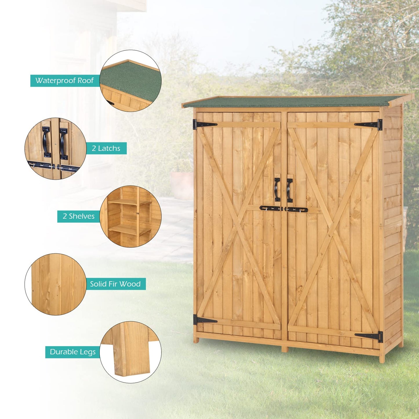 VINGLI Upgraded Outdoor Wooden Storage Shed, Extra Large Garden Shed Outside Tool Cabinet with 2 Safety Latches, Patio Storage Organizer for Garden Yard Lawn Equipment, Teak