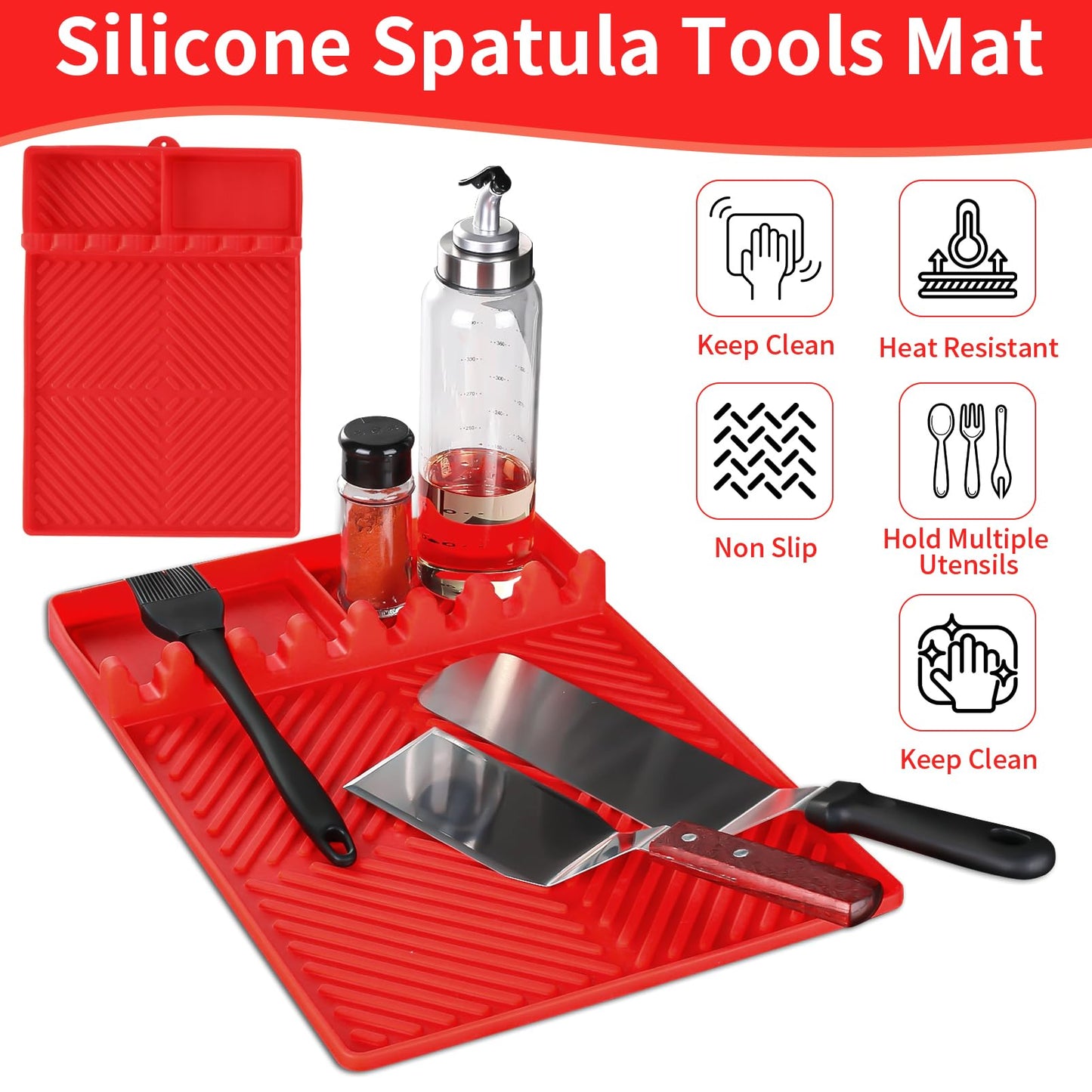 Griddle Mat Barbeque Grill Accessories Tools for Blackstone, Side Shelf Mat Grill Pad for Outdoor Grill Kitchen Counter Spatula Silicone Mat with Drip Pad for Kitchen, Cooking, Countertop (Orange)