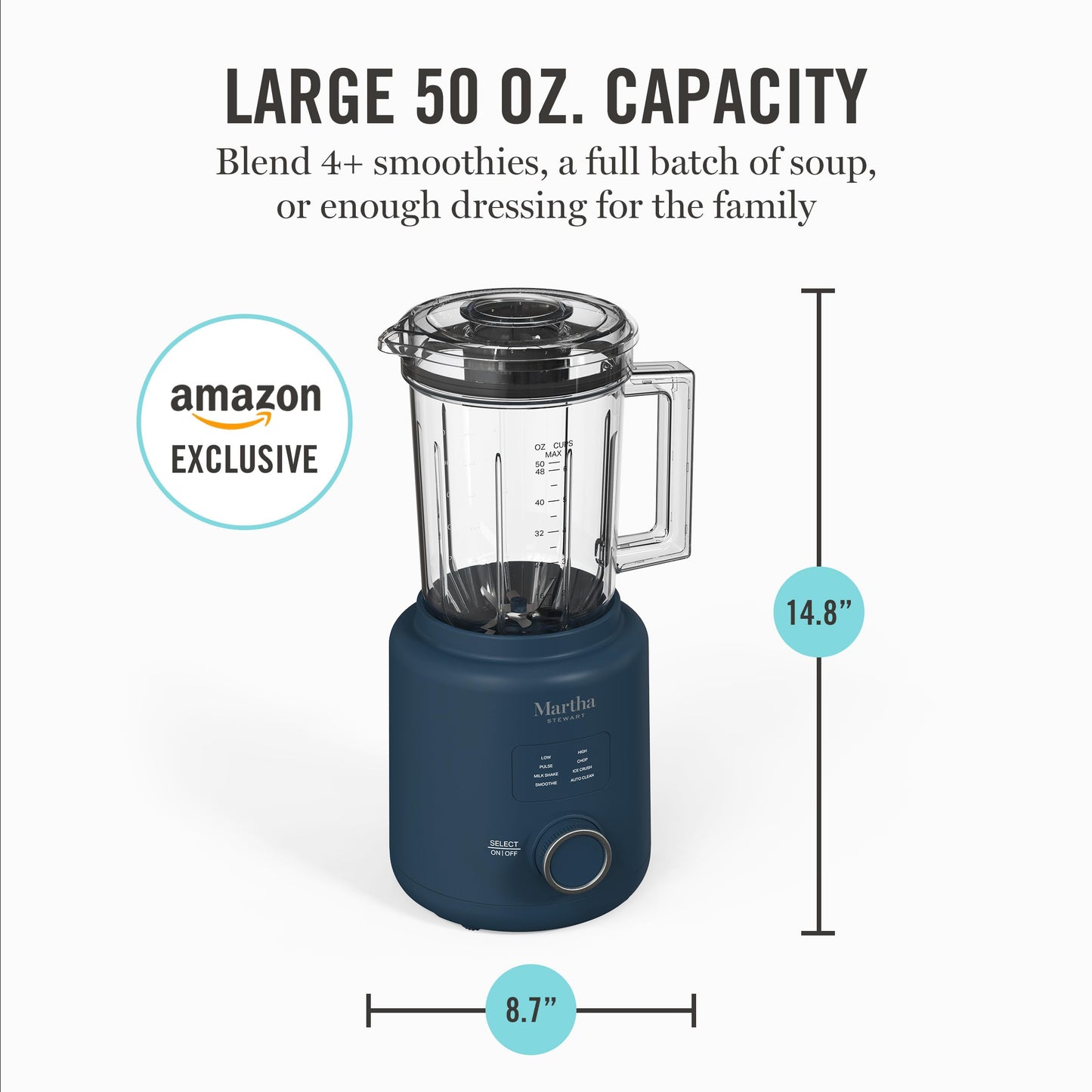 Martha Stewart 50oz Countertop Blender, Smoothie, Margarita & Ice Crushing Blender, BPA-Free Pitcher, 3 Speeds, 5 Presets, Auto-Clean Function, Dishwasher Safe, Stainless Steel Blades, Sky Blue